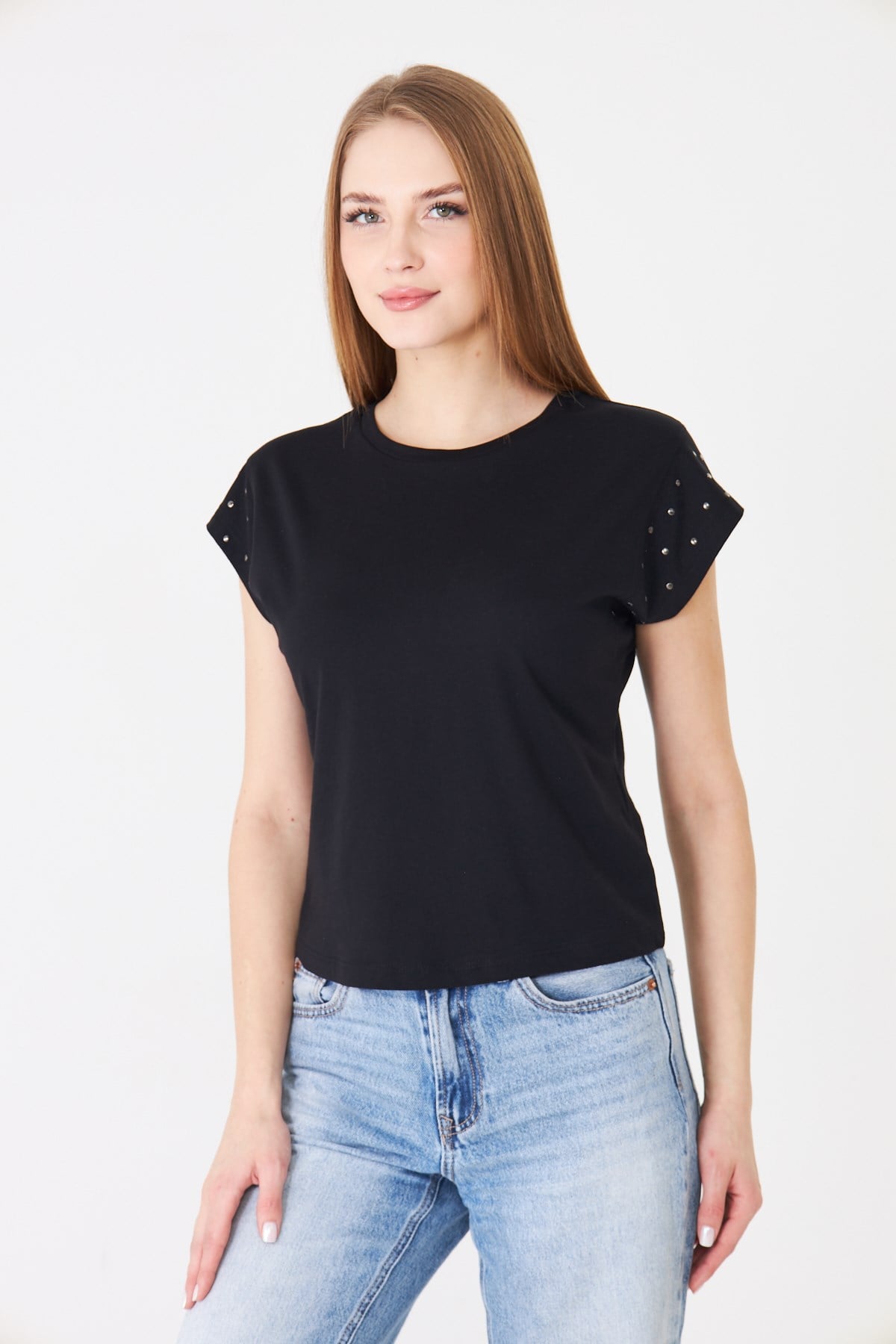 Sortie CollectionTaş Detaylı Düşük Kollu Rahat Kalıp Basic Tshirt Siyah