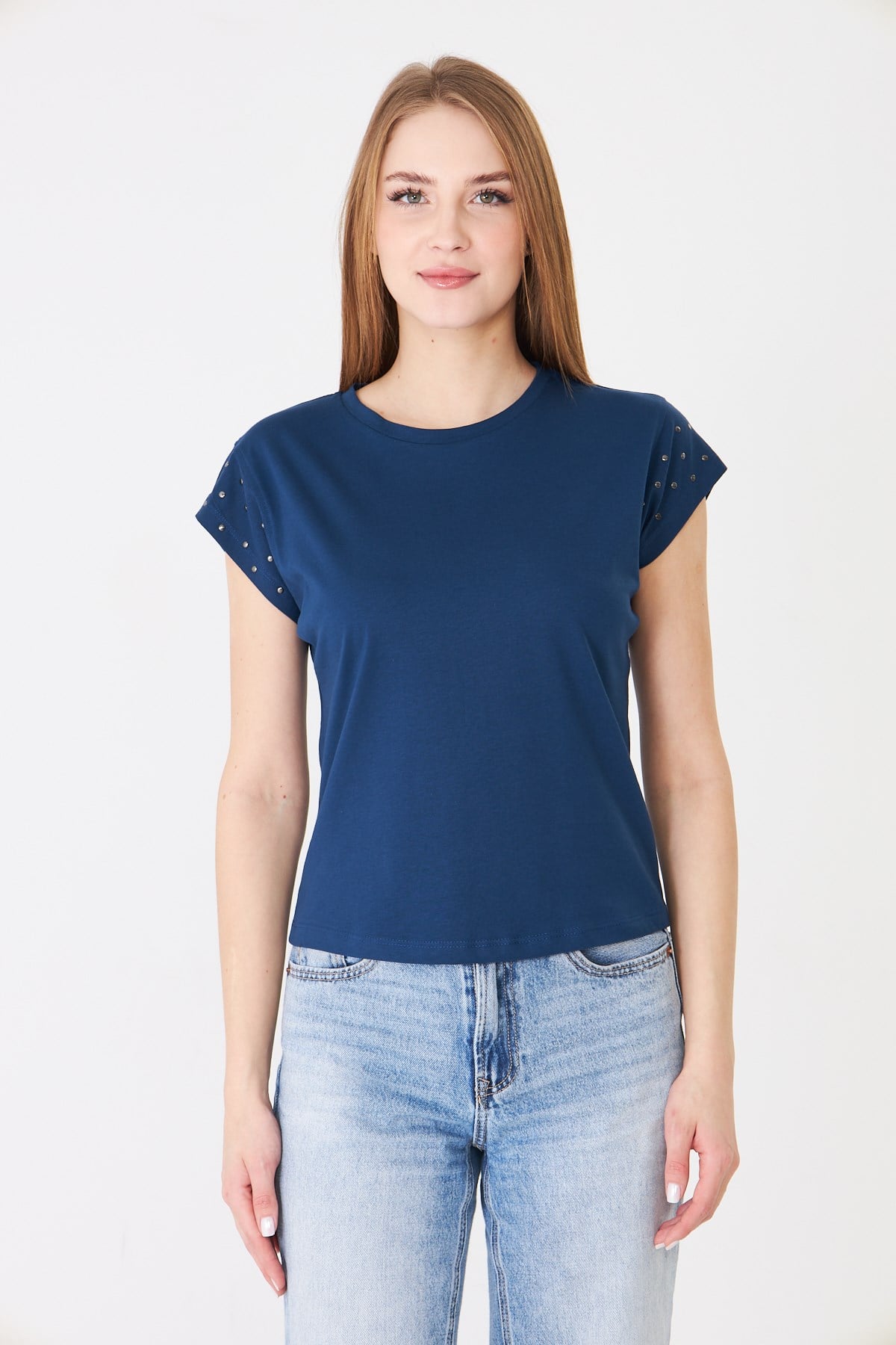  Sortie CollectionTaş Detaylı Düşük Kollu Rahat Kalıp Basic Tshirt İndigo