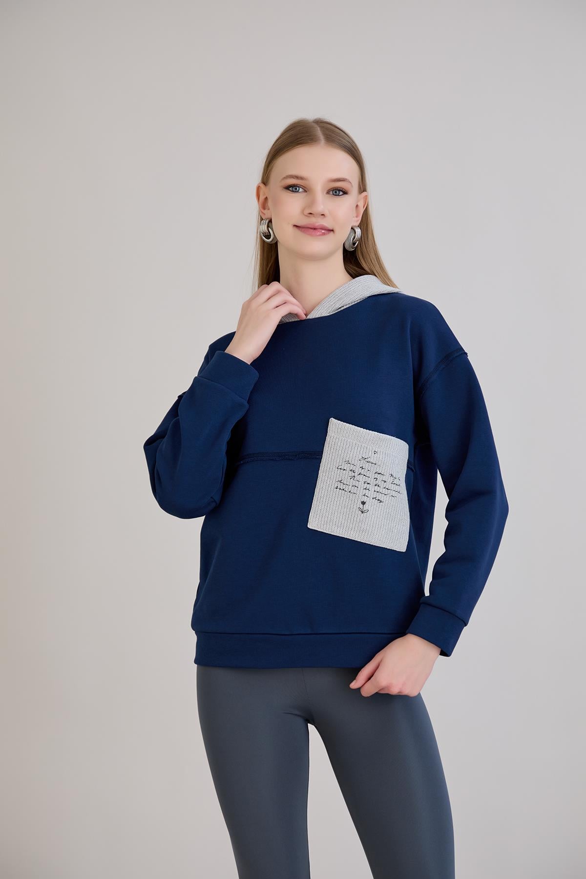 Triko Garnili Kapüşonlu  S-Shirt İndigo