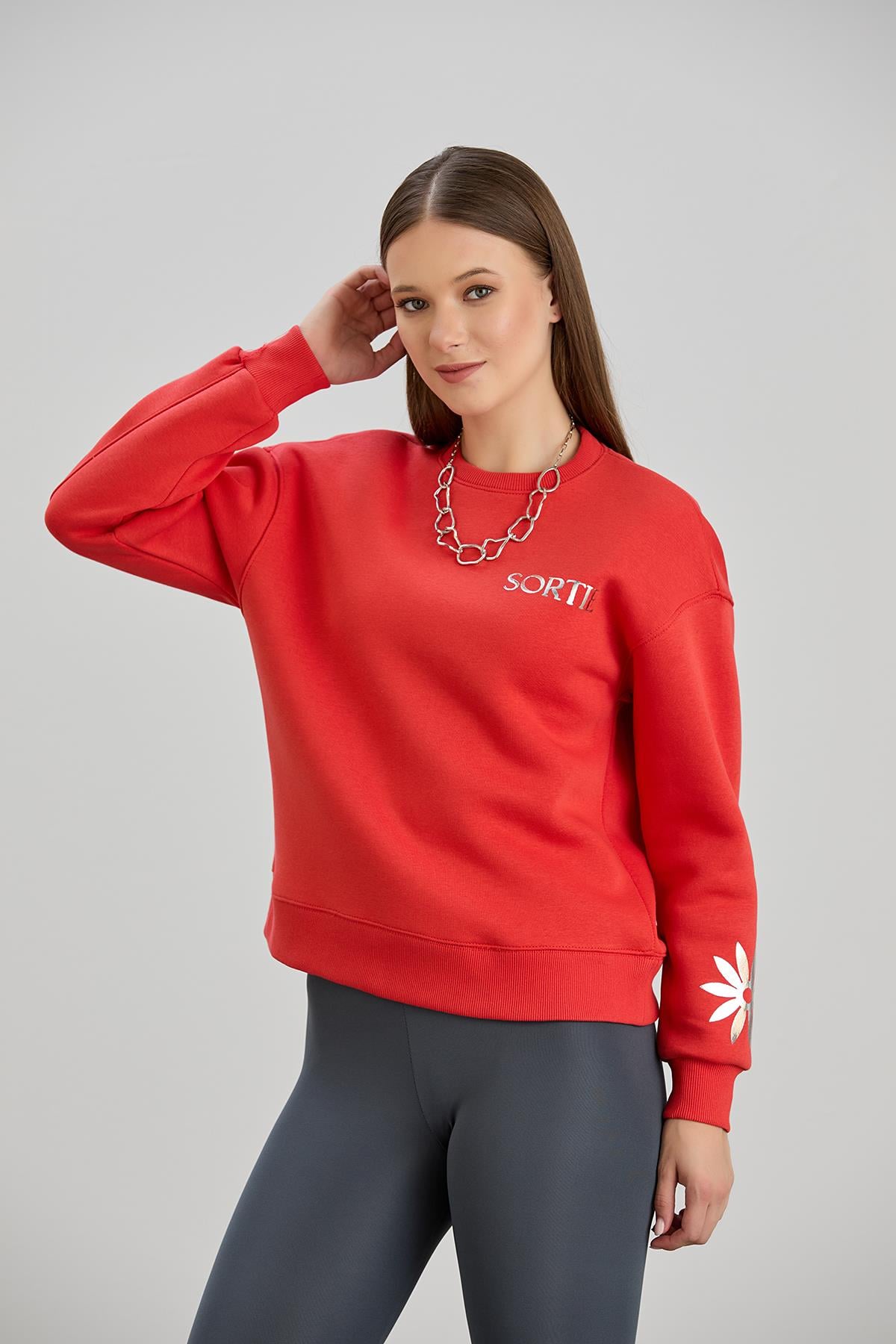 Sortie CollectionVARAK BASKILI BİS.YAKA ÜÇ İPLİK SWEAT Nar