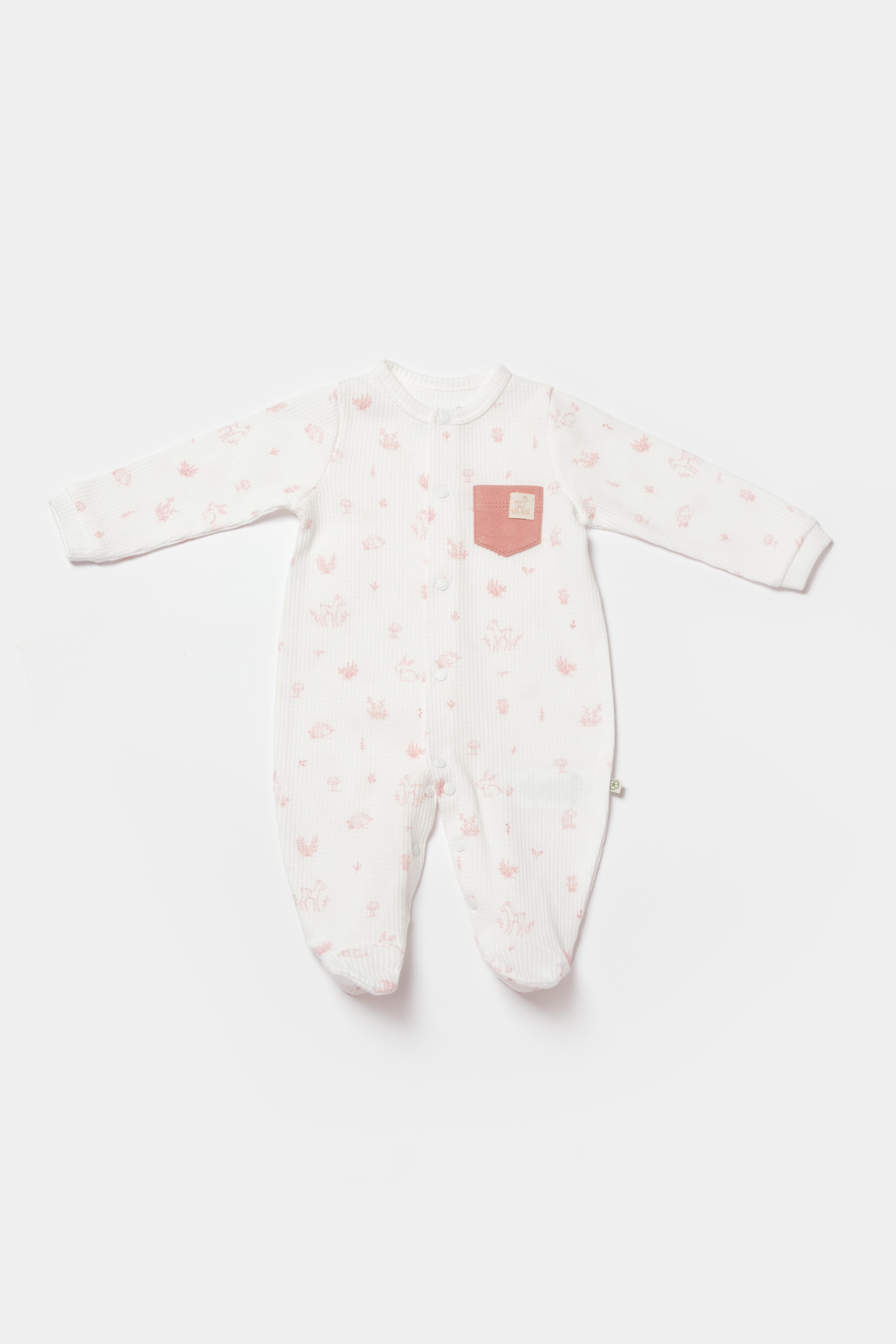 BİORGANİC WAFFLE DEER AND BIRD OVERALLS ECRU-ROSE SET