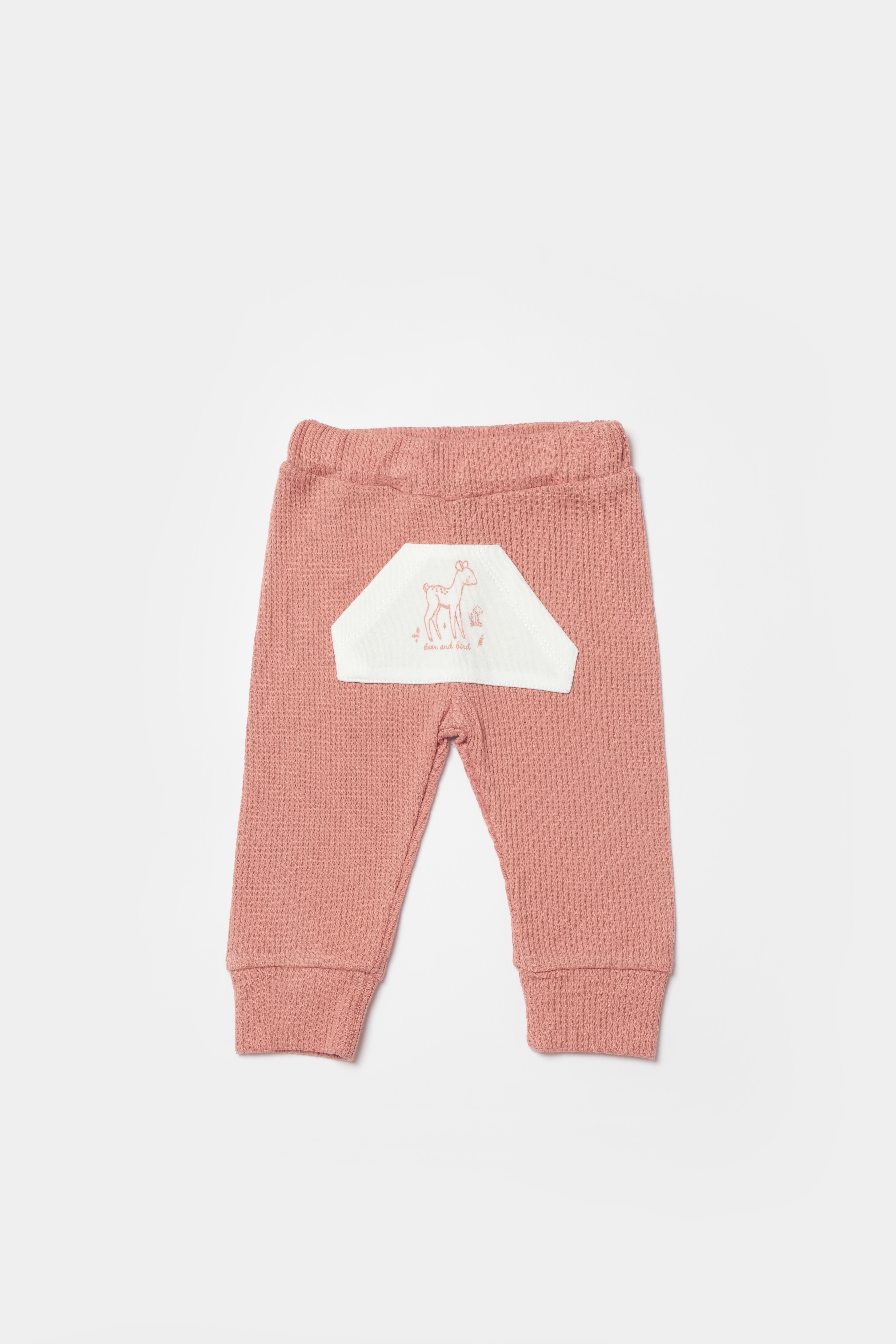 BİORGANİC WAFFLE DEER AND BIRD TROUSERS ECRU-ROSE SET