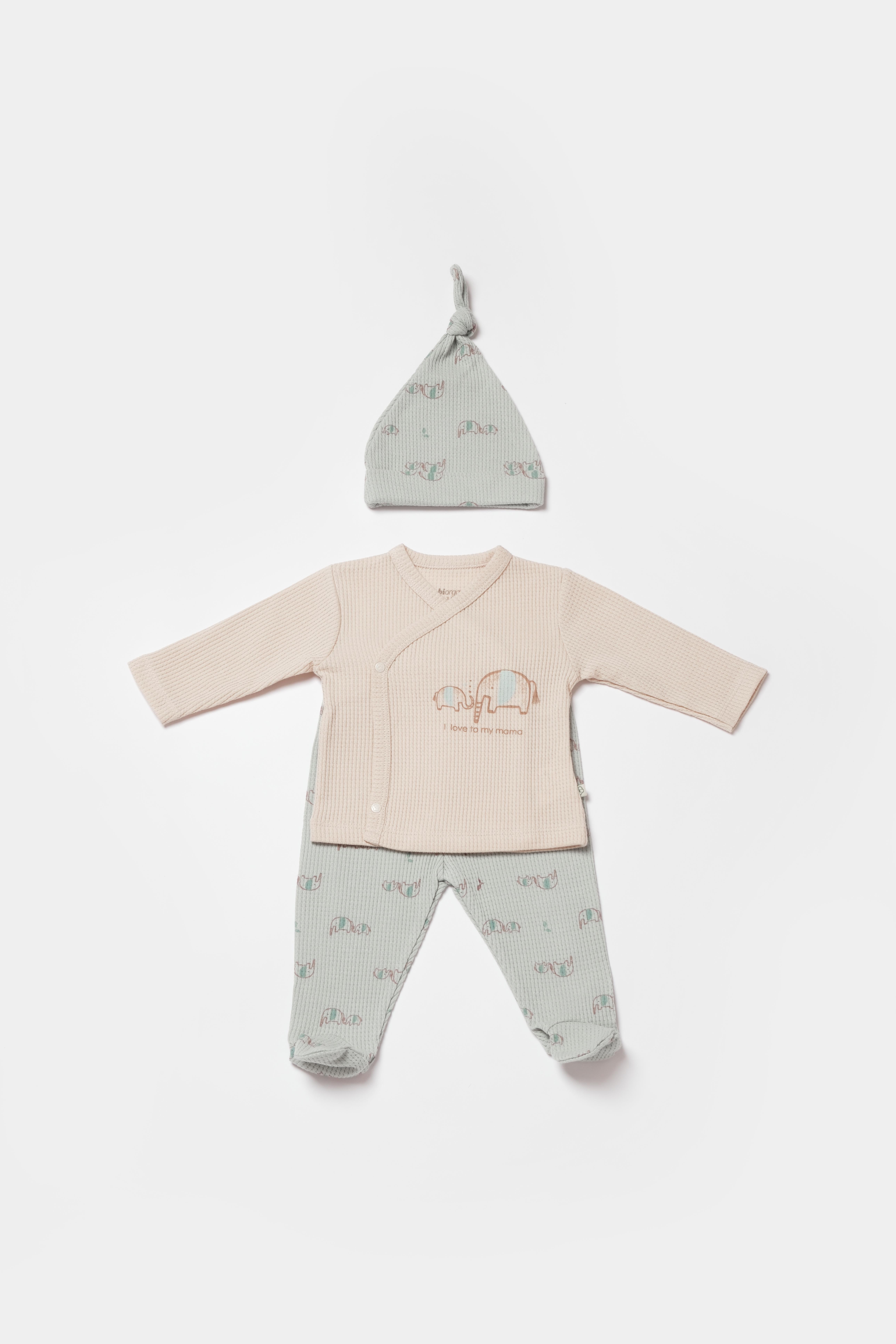 BİORGANİC WAFFLE I LOVE MY MAMA BABY UNDERWEAR 3 PIECE BEIGE-MINT SET