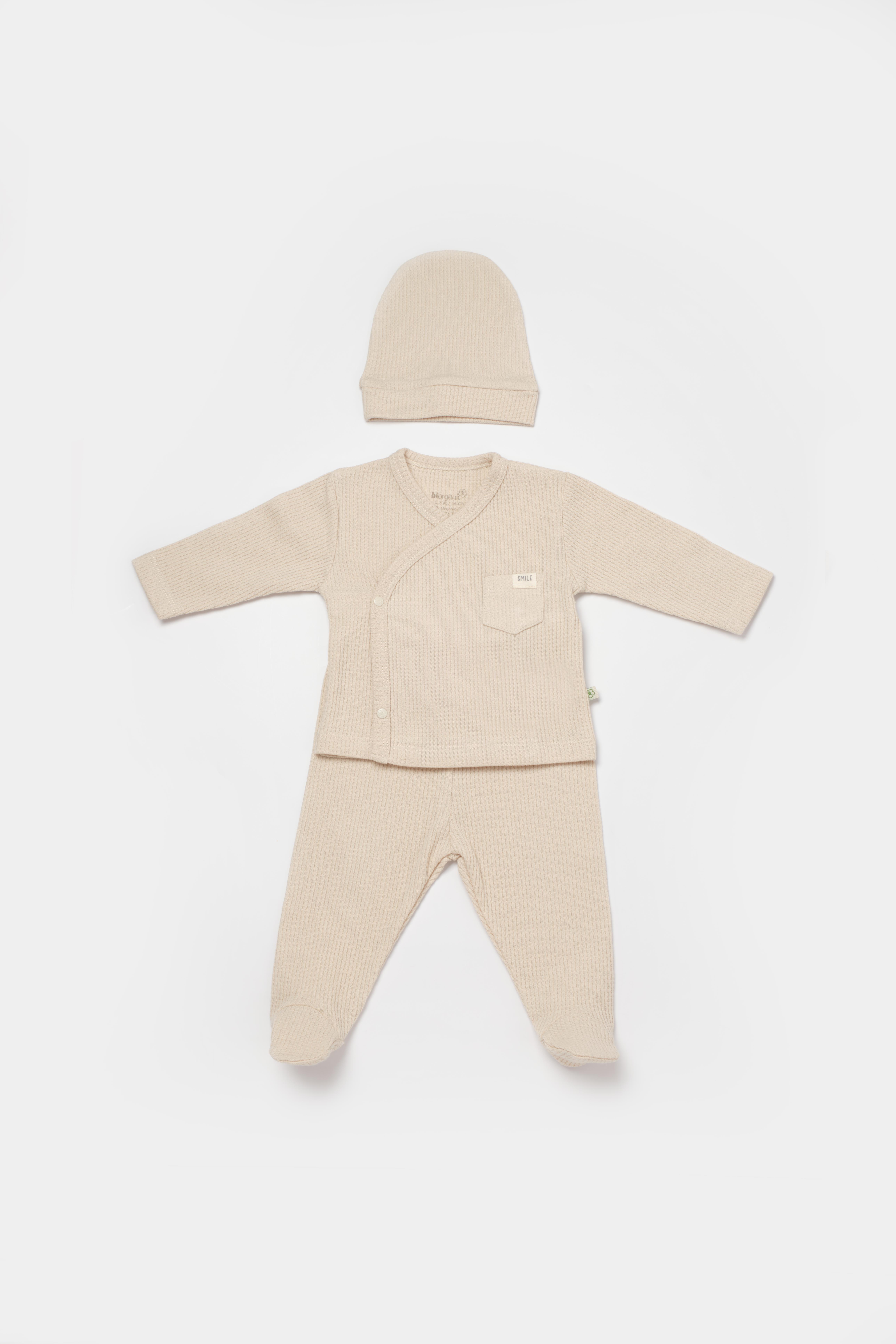 BİORGANİC WAFFLE SMİLE BABY UNDERWEAR 3 PIECE BEIGE SET