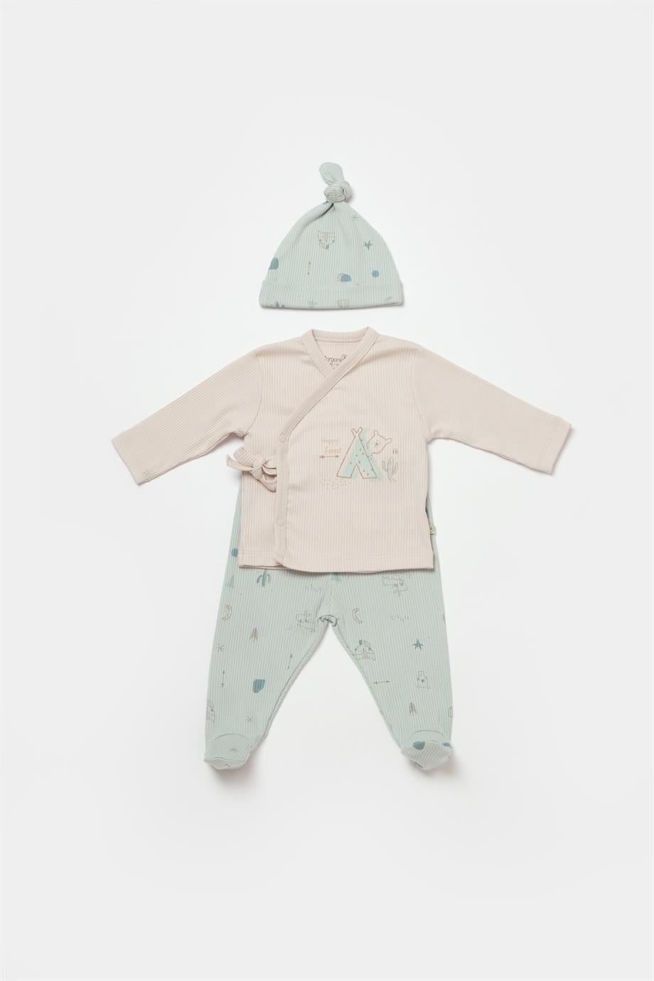 BİORGANİC MODAL HAPPY FOREST UNDERWEAR 3 PIECE BEIGE-MINT SET