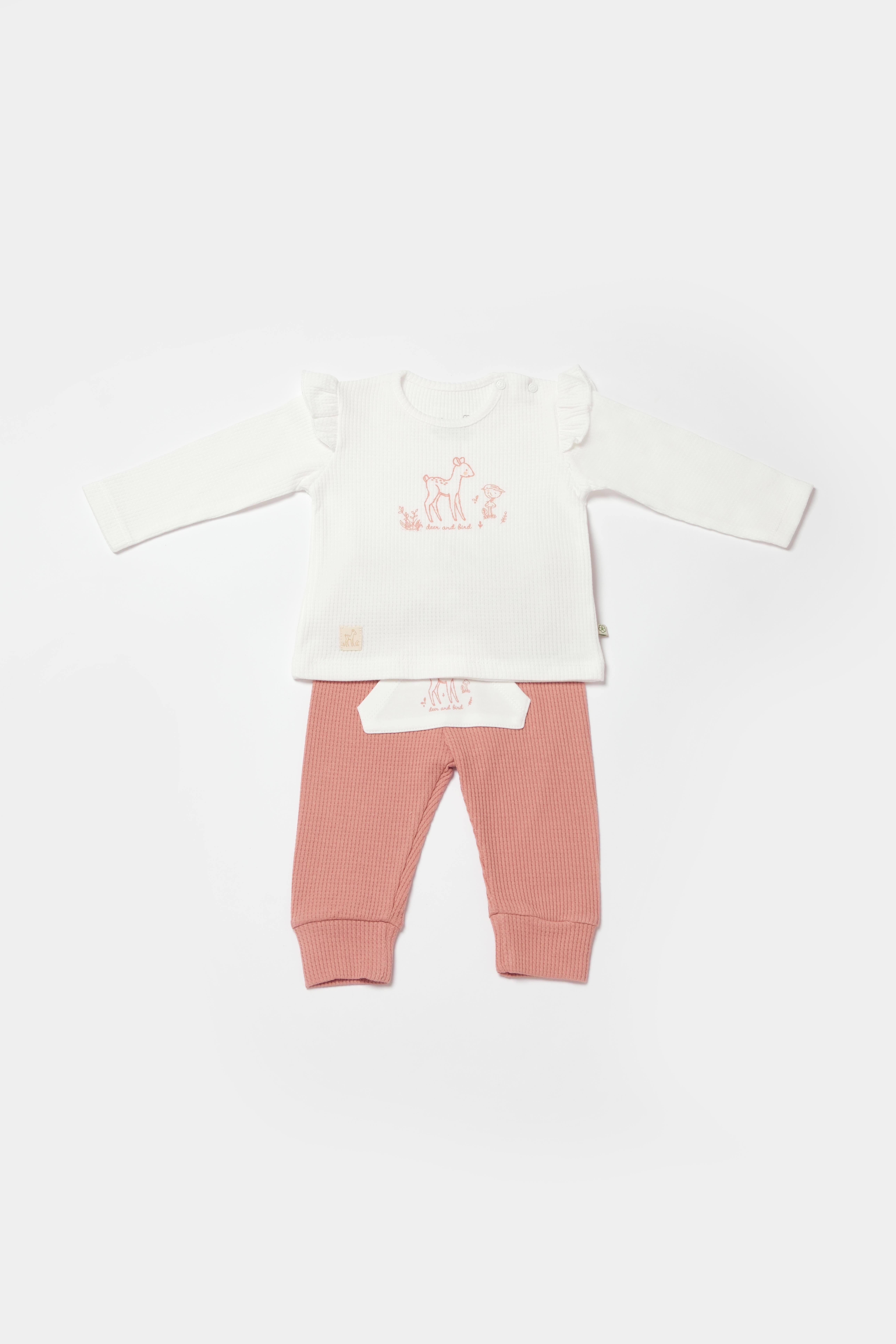 BİORGANİC WAFFLE DEER AND BIRD SWEATSHIRT AND TROUSERS ECRU-ROSE SET