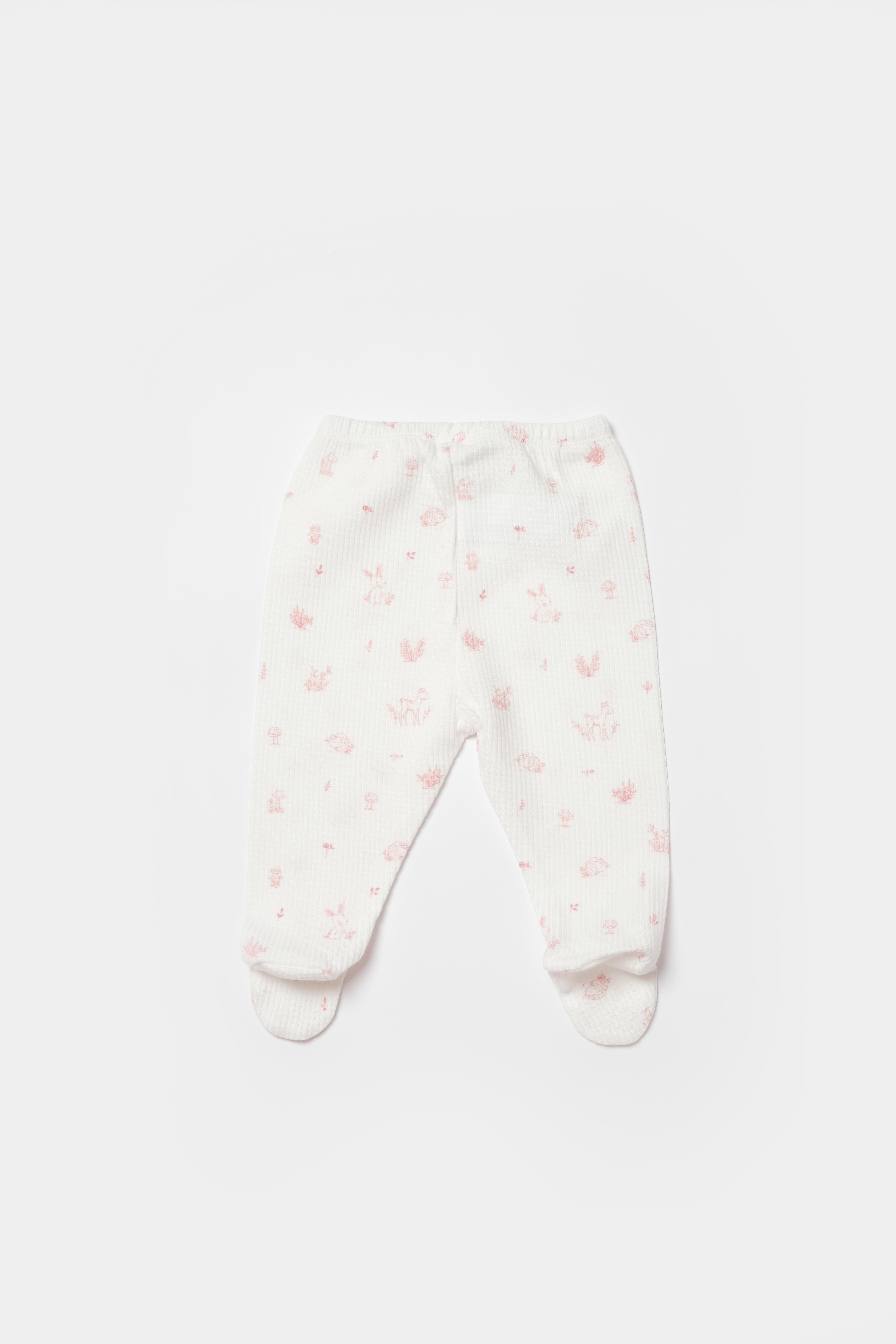 BİORGANİC WAFFLE DEER AND BIRD TROUSERS AND FEET ECRU-ROSE SET