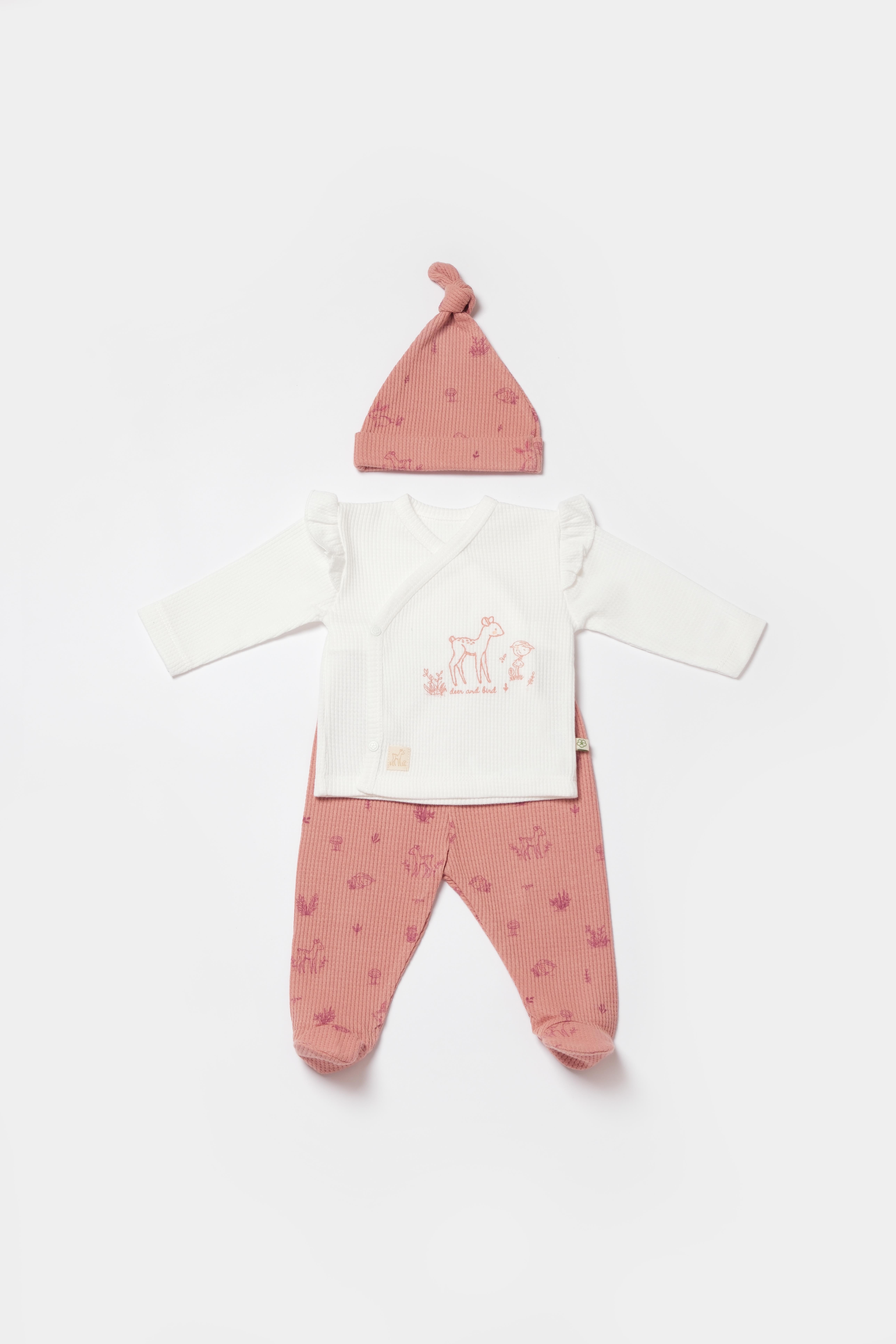 BİORGANİC WAFFLE DEER AND BIRD UNDERWEAR 3 PIECE ECRU-ROSE SET