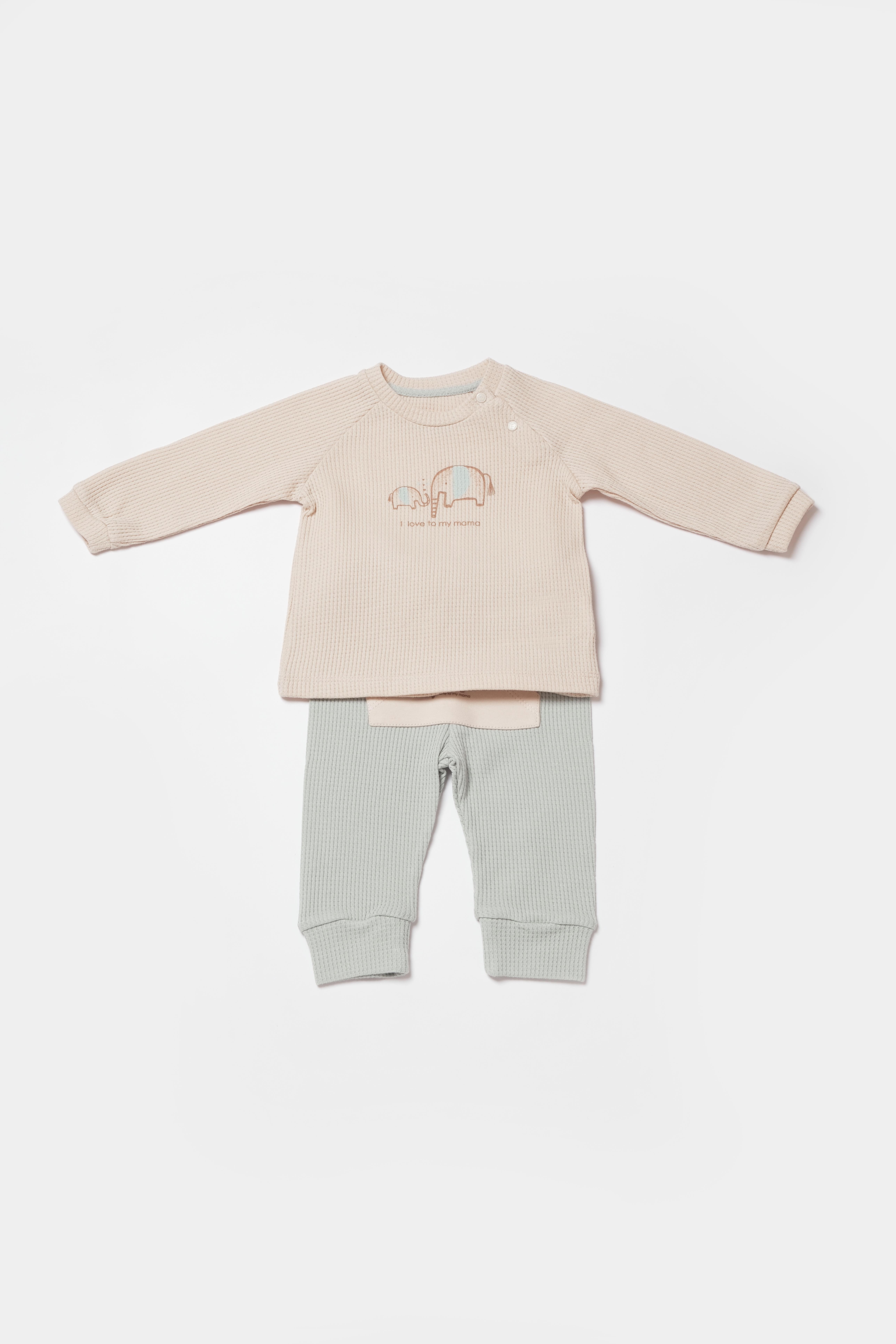 BİORGANİC WAFFLE I LOVE MY MAMA SWEATSHIRT AND TROUSERS BEIGE - MINT SET