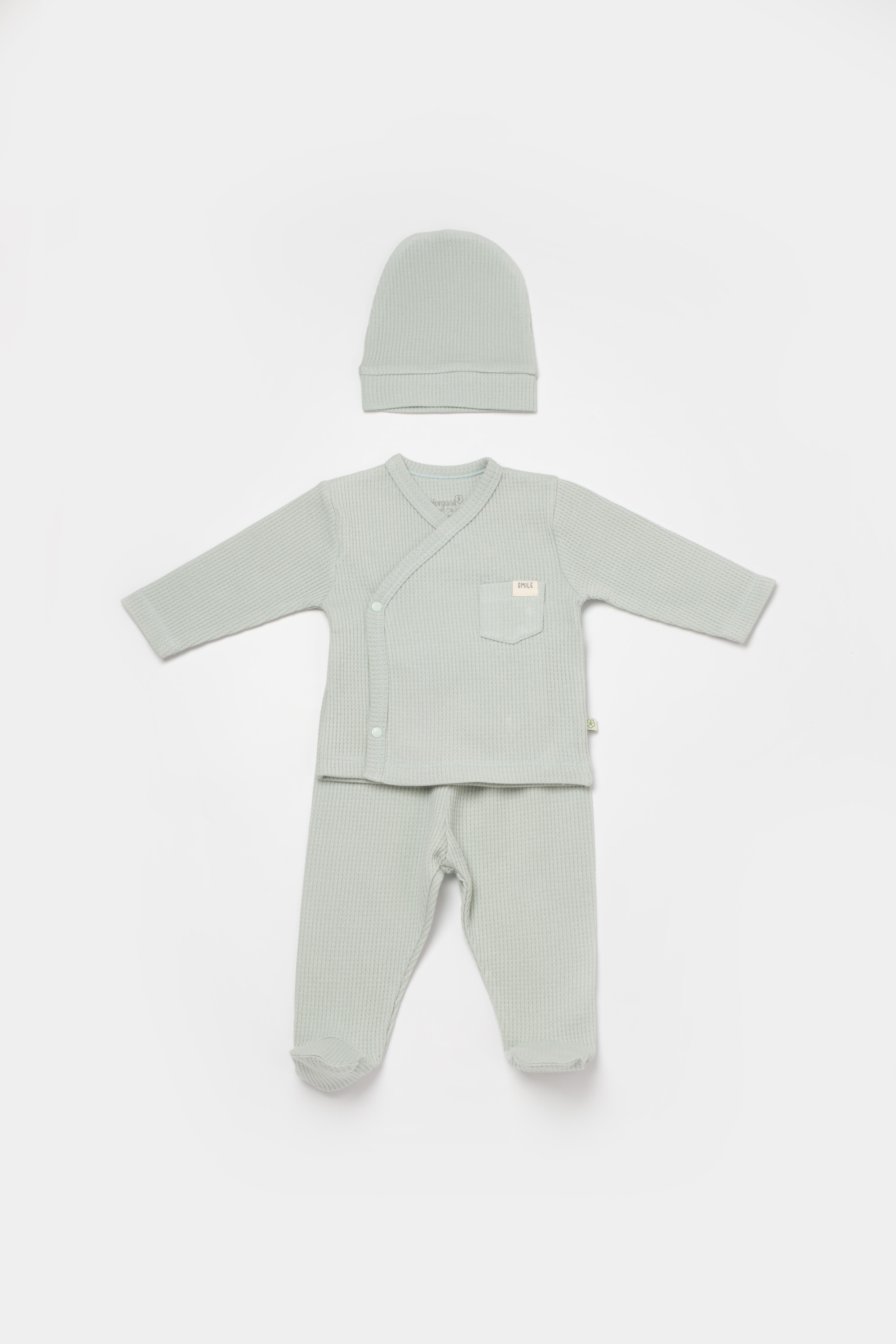 BİORGANİC WAFFLE SMİLE BABY UNDERWEAR 3 PIECE MİNT SET