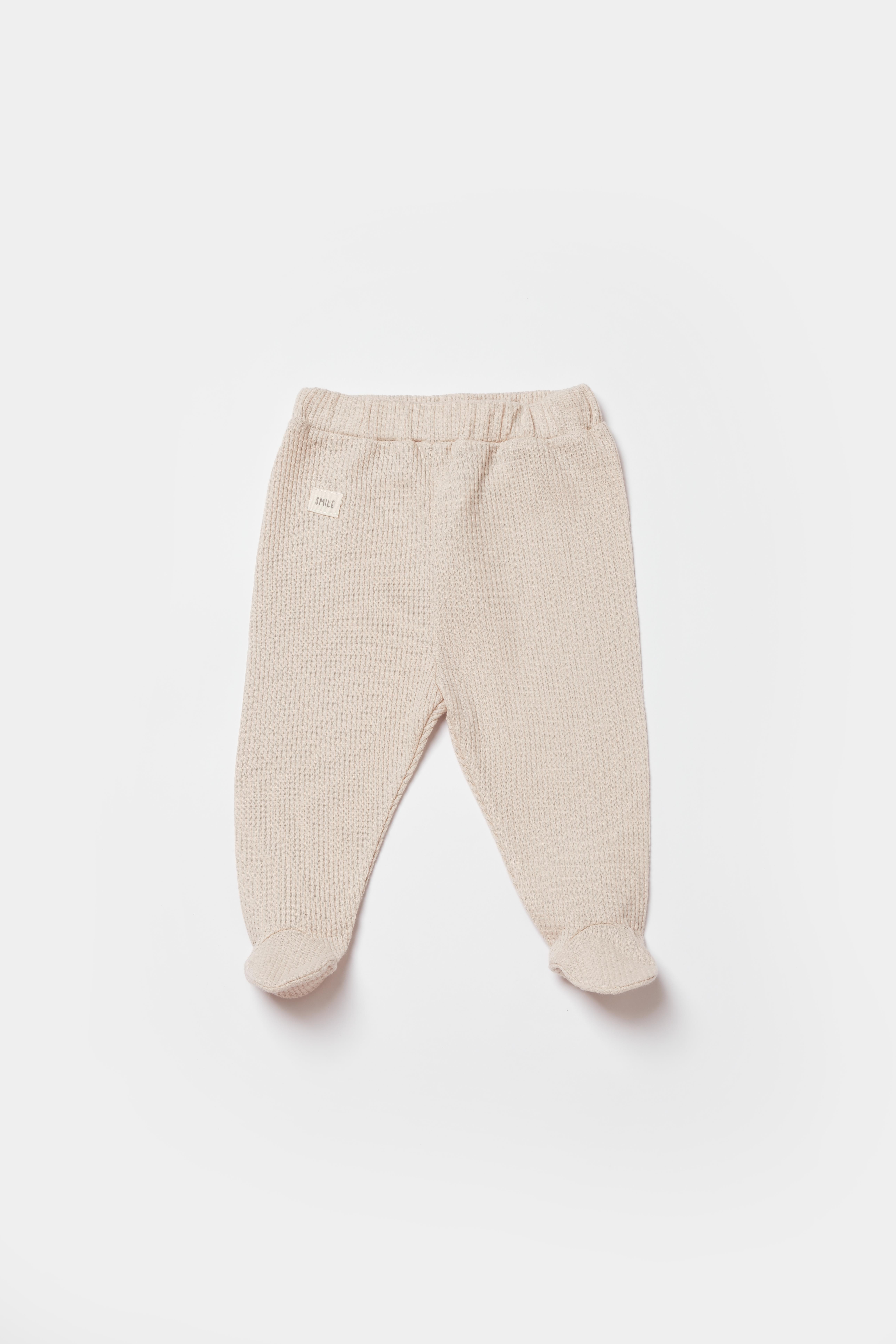 BİORGANİC WAFFLE SMILE TROUSERS WITH FEET BEIGE SET