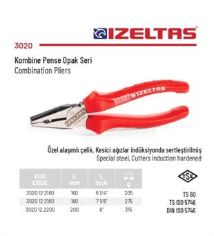 İzeltaş 160 mm Kombine Pense Opak Seri  3020 12 2160