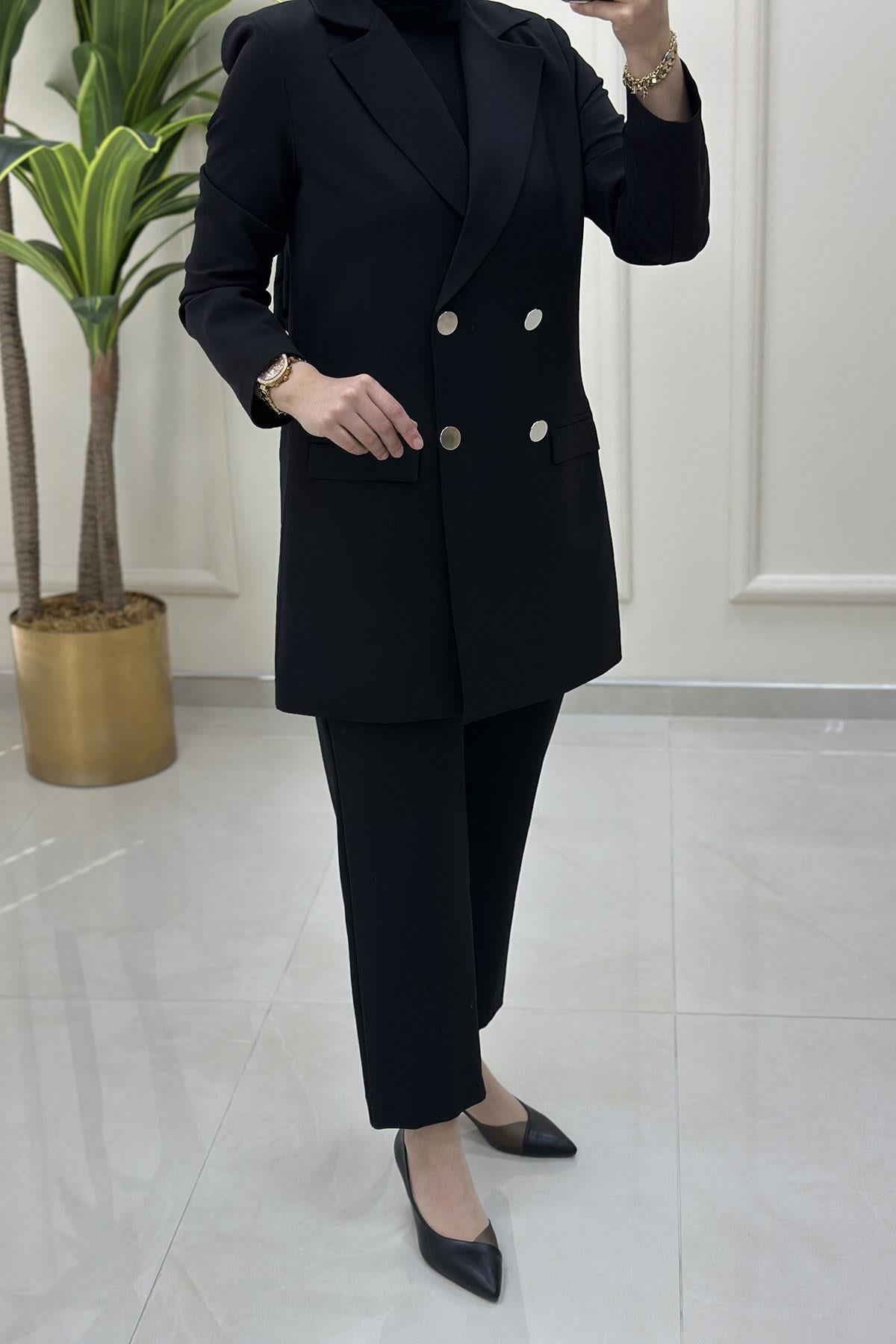 CeketKruvaze Yaka Önü Düğmeli Kadın Blazer Ceket Siyah OZN 4151