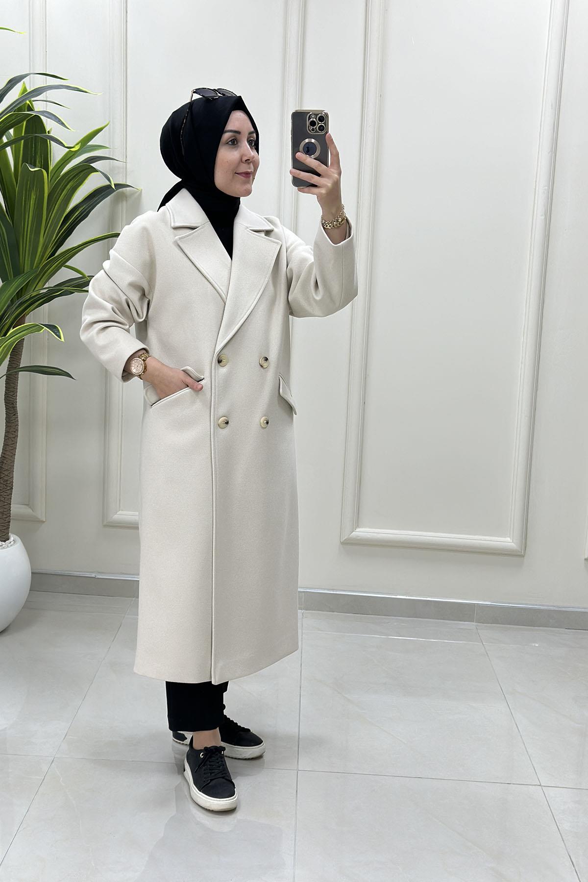 KabanArmine Trend Kruvaze Yaka Düğmeli Kadın Kaşe Kaban Taş ARM 747