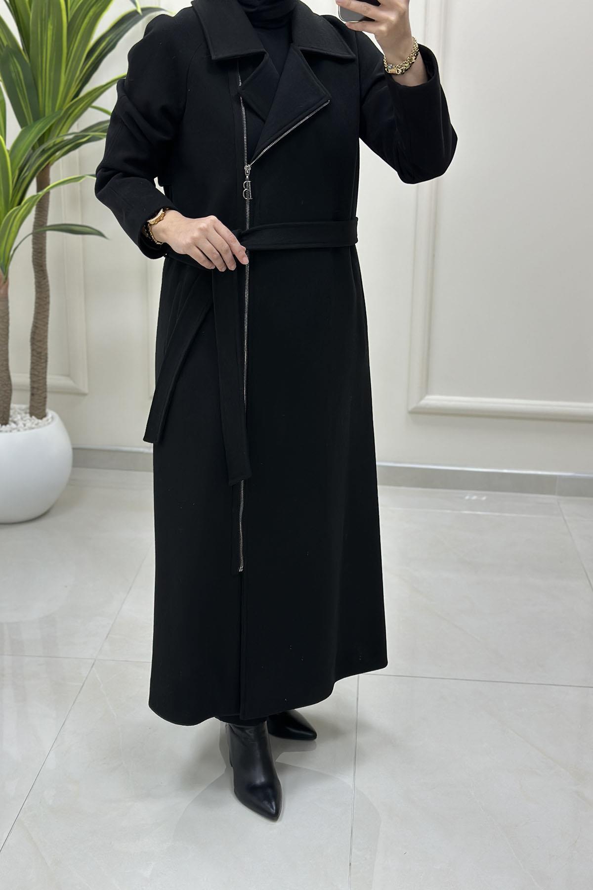 KabanBelli Önü Fermuarlı Kruvaze Yaka Kadın Kaşe Kaban Siyah BELLİ 7003