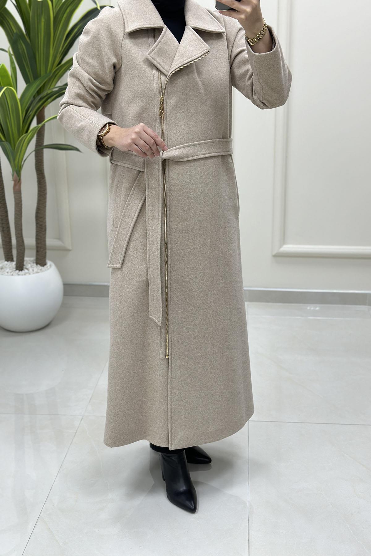 KabanBelli Önü Fermuarlı Kruvaze Yaka Kadın Kaşe Kaban Bej BELLİ 7003