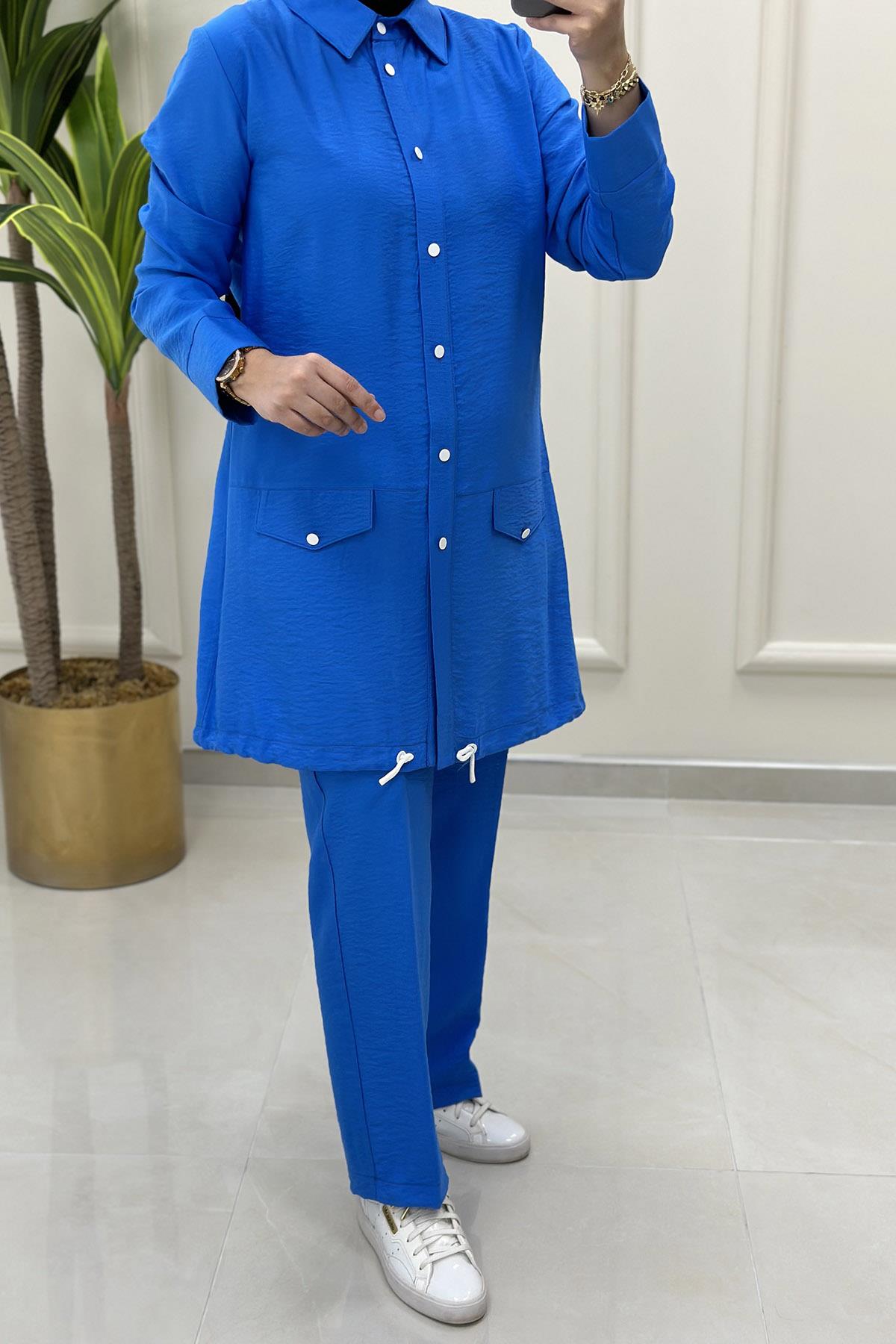 Pantolonlu Takım Önü Düğmeli Altı Büzgülü Tunik ve Pantolon Kadın İkili Takım Mavi WNW 1014