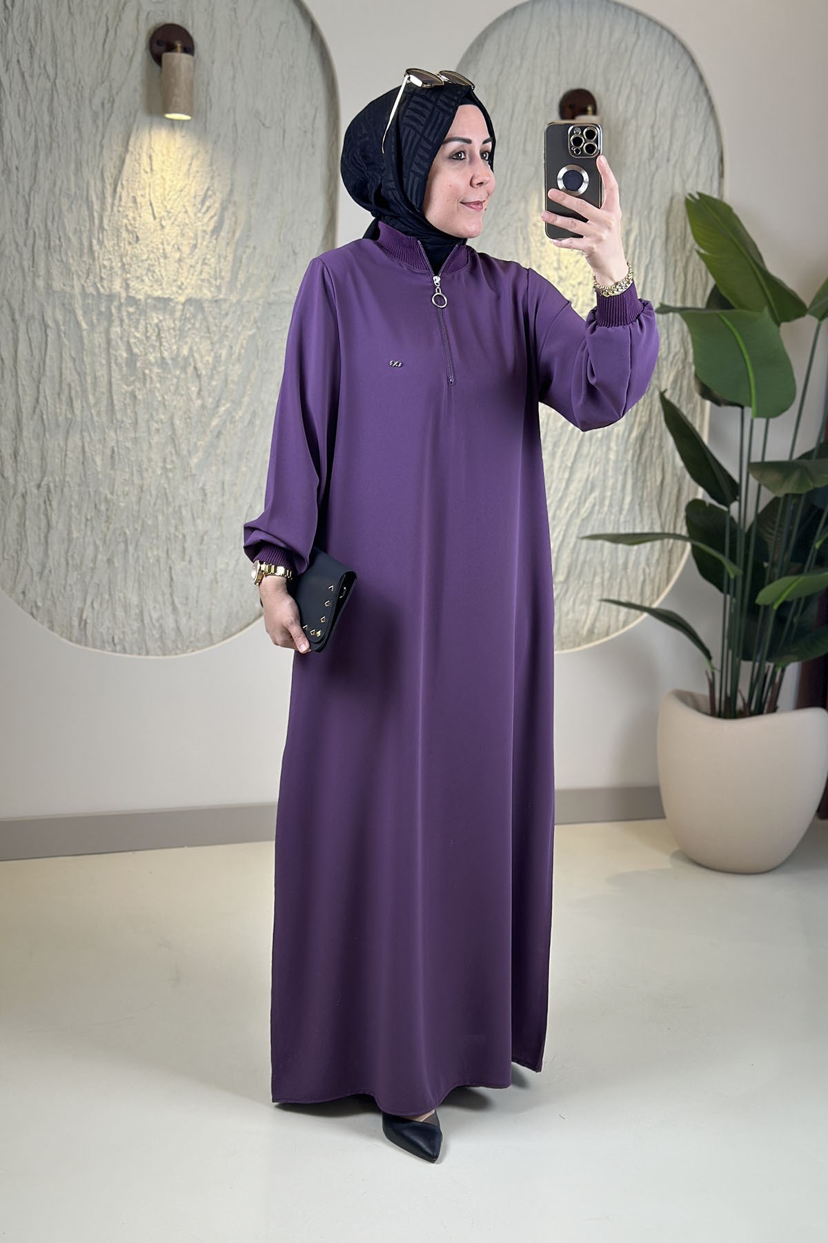 Tesettür ElbiseYaka ve Kol Ribanalı Cepli Kadın Elbise Mor KADO 251292