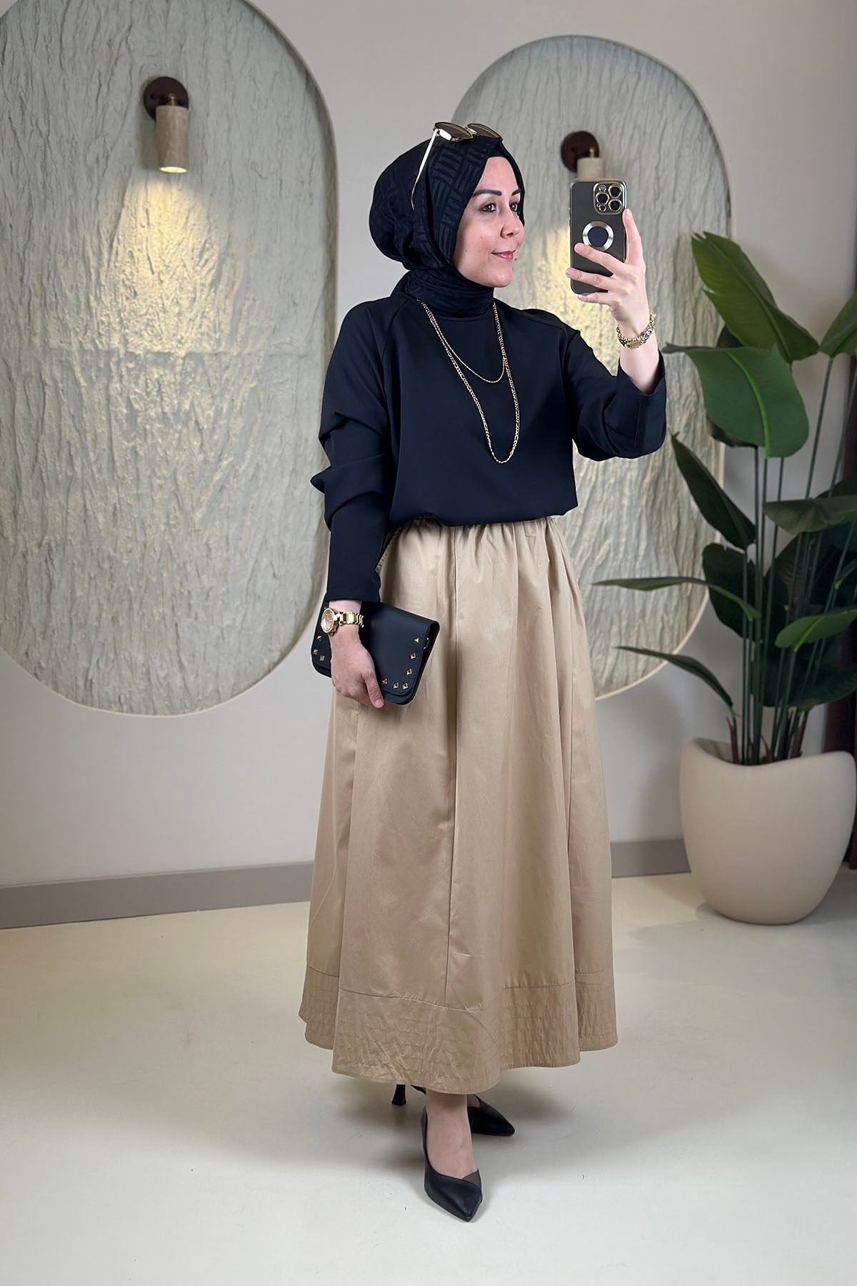 Tesettür EtekBeli Lastikli Cepli Kadın Poplin Etek Camel BLUE 5020