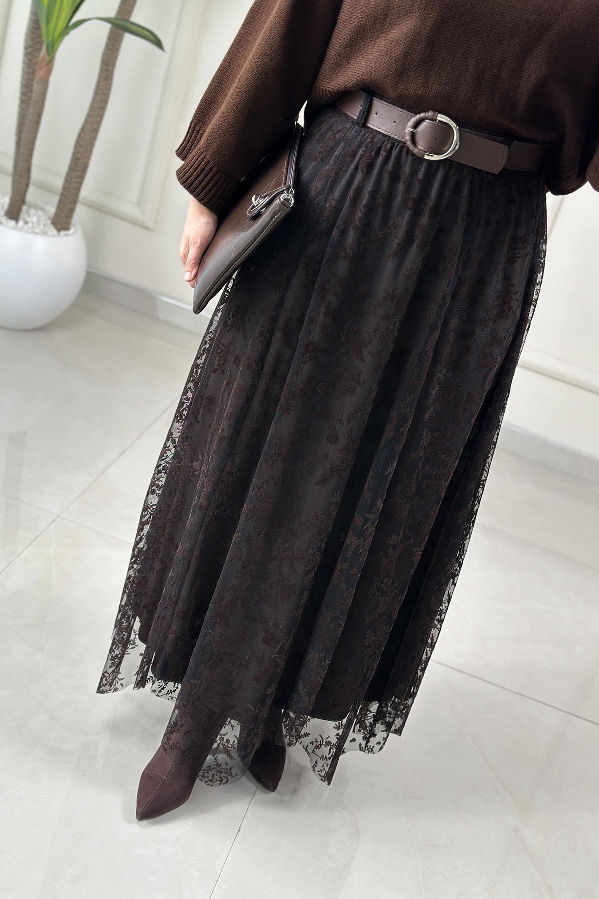 Tesettür EtekKemer Detaylı Beli Lastikli Tül Üzeri Kadife Yakma Çiçek Desen Kadın Etek Kahverengi SFF 4429