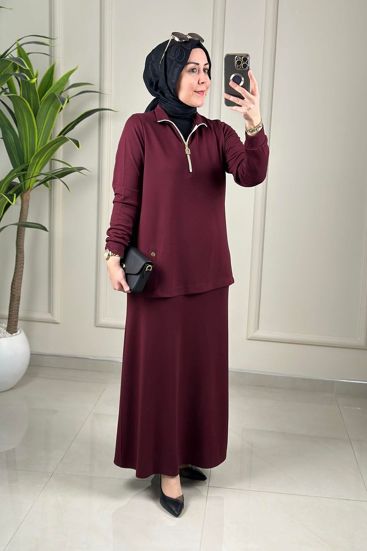 Tesettür Etekli Takımİnce Oysho Önü Yarım Fermuarlı Bluz ve Etek Kadın İkili Takım Bordo KADO 257392