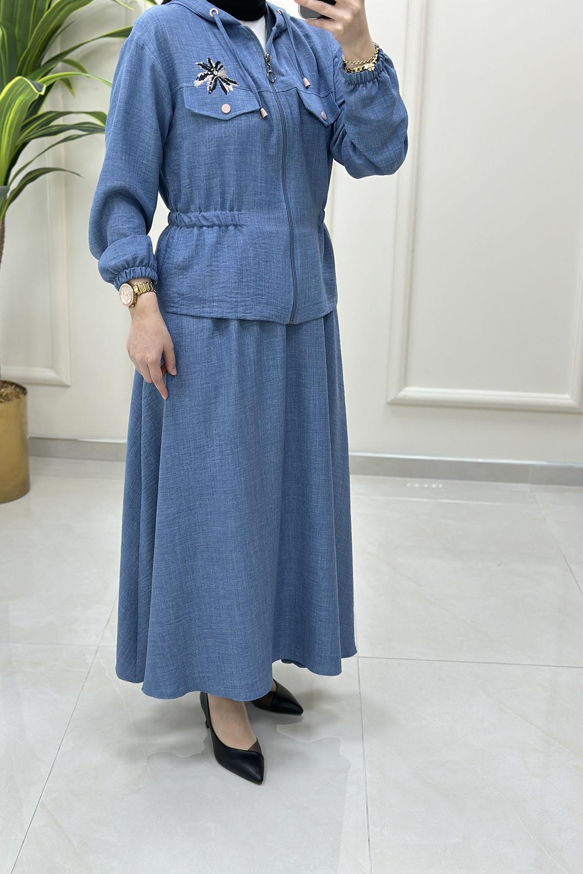 Tesettür Etekli TakımNakış Detaylı Beli Büzgülü Ceket ve Kloş Etek Kadın İkili Takım İndigo ESS 2106