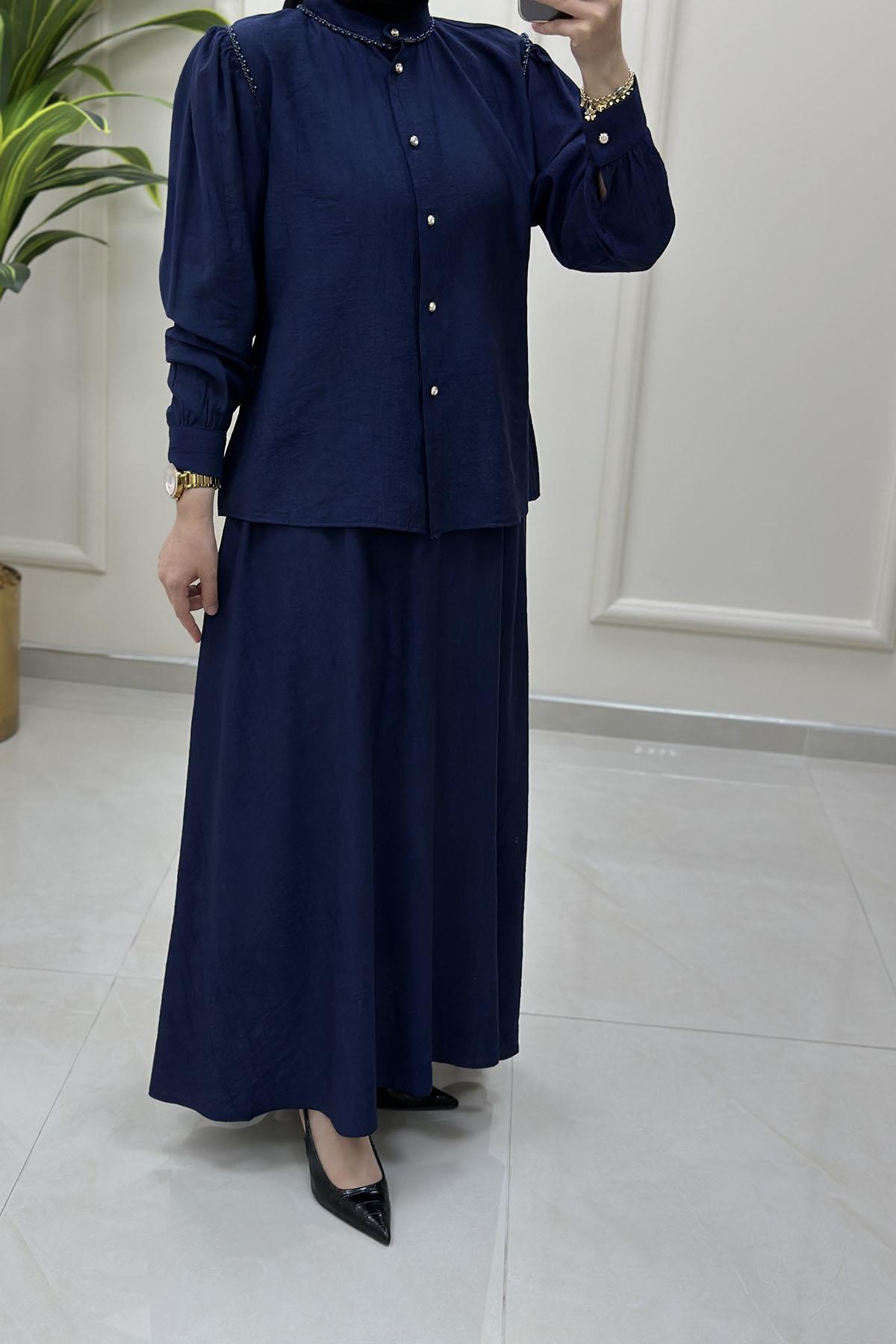 Tesettür Etekli TakımYaka ve Omuz İnci Detaylı Gömlek ve Kloş Etek Kadın İkili Takım Lacivert CNR 2176
