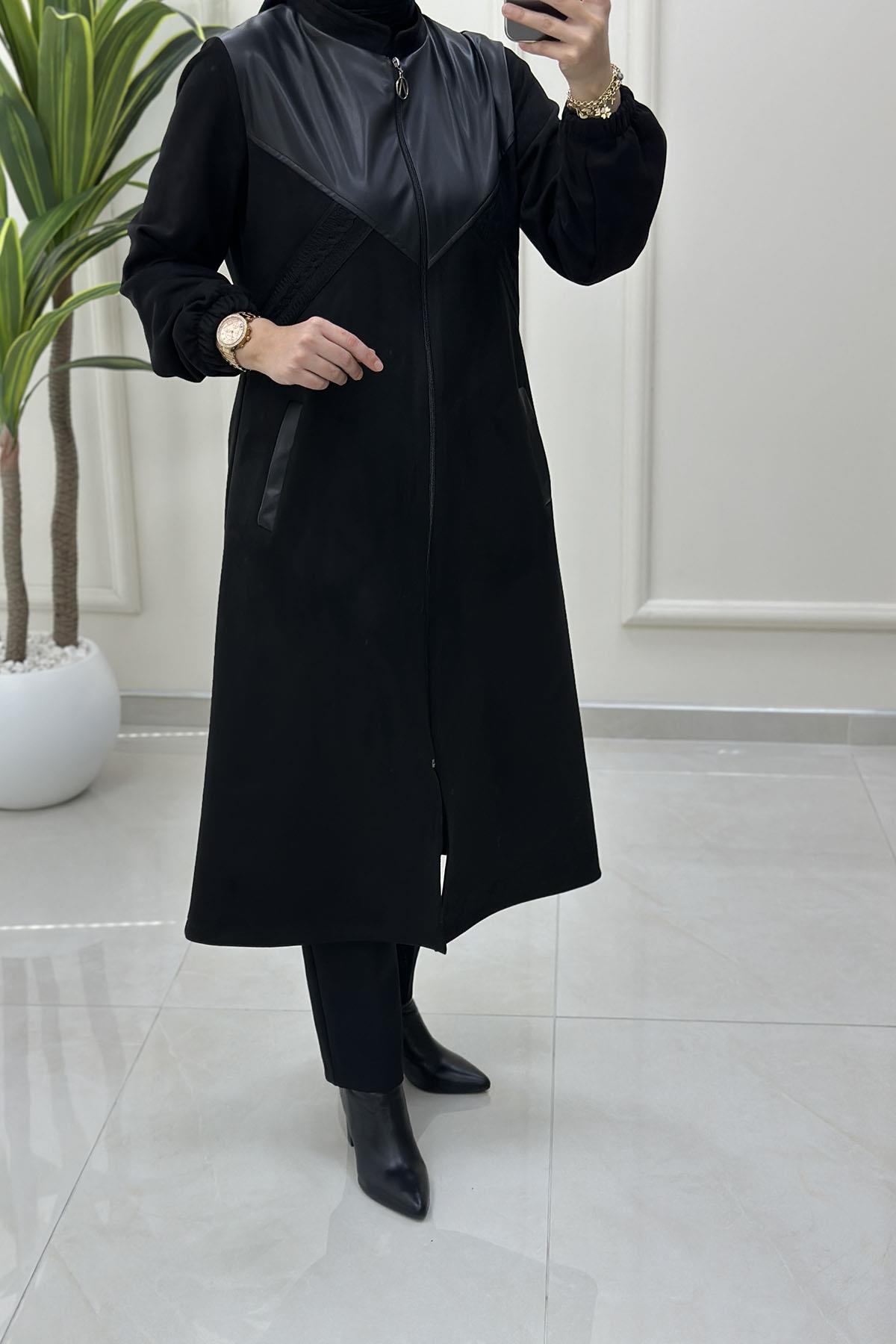 Tesettür Giy Çık KapÖnü Fermuarlı Deri Kombinli Kadın Süet Kap Siyah BRL 6117