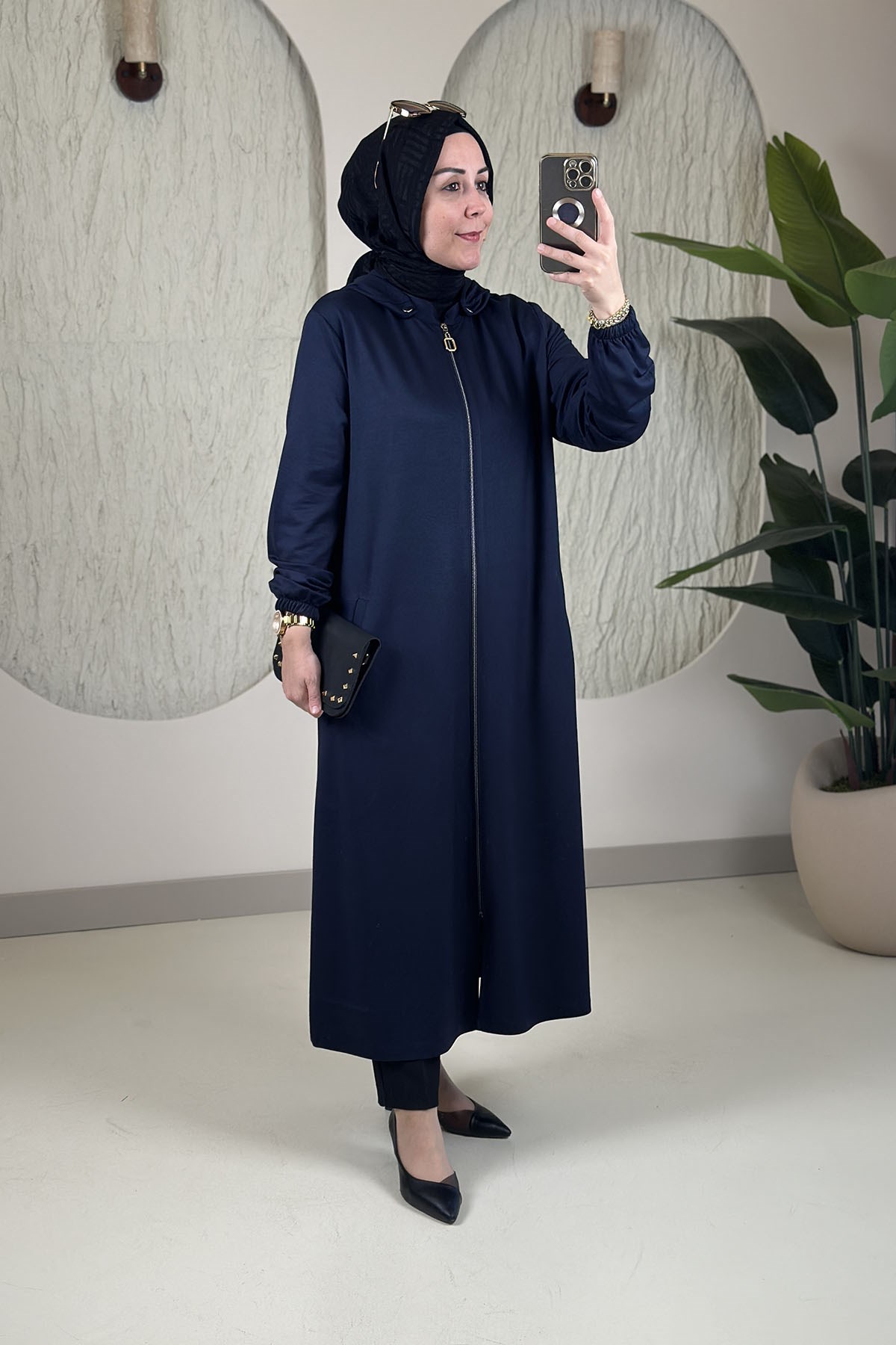 Tesettür Giy Çık KapÖnü Fermuarlı Kolu Büzgülü Cepli Kadın Giyçık Lacivert KADO 268192