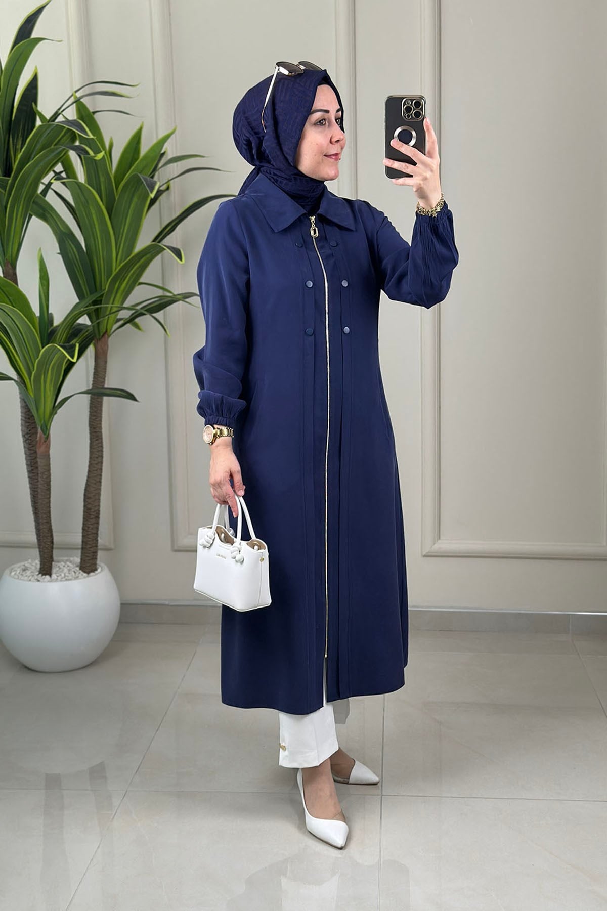 Tesettür Giy Çık KapTensel Önü Fermuarlı Beli Kuşaklı Kadın Giyçık Kap Lacivert QTN 6139