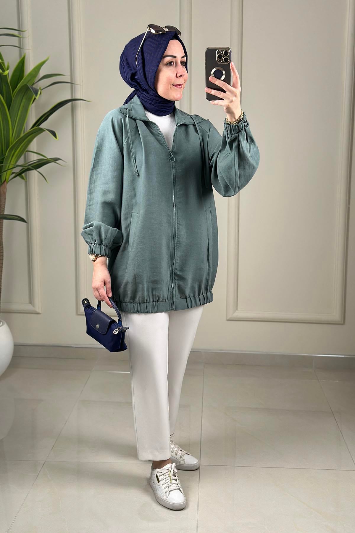 Tesettür Giy Çık KapTensel Reglan Kol Önü Fermuarlı Kadın Bomber Giyçık Mint Yeşili EYL 2061