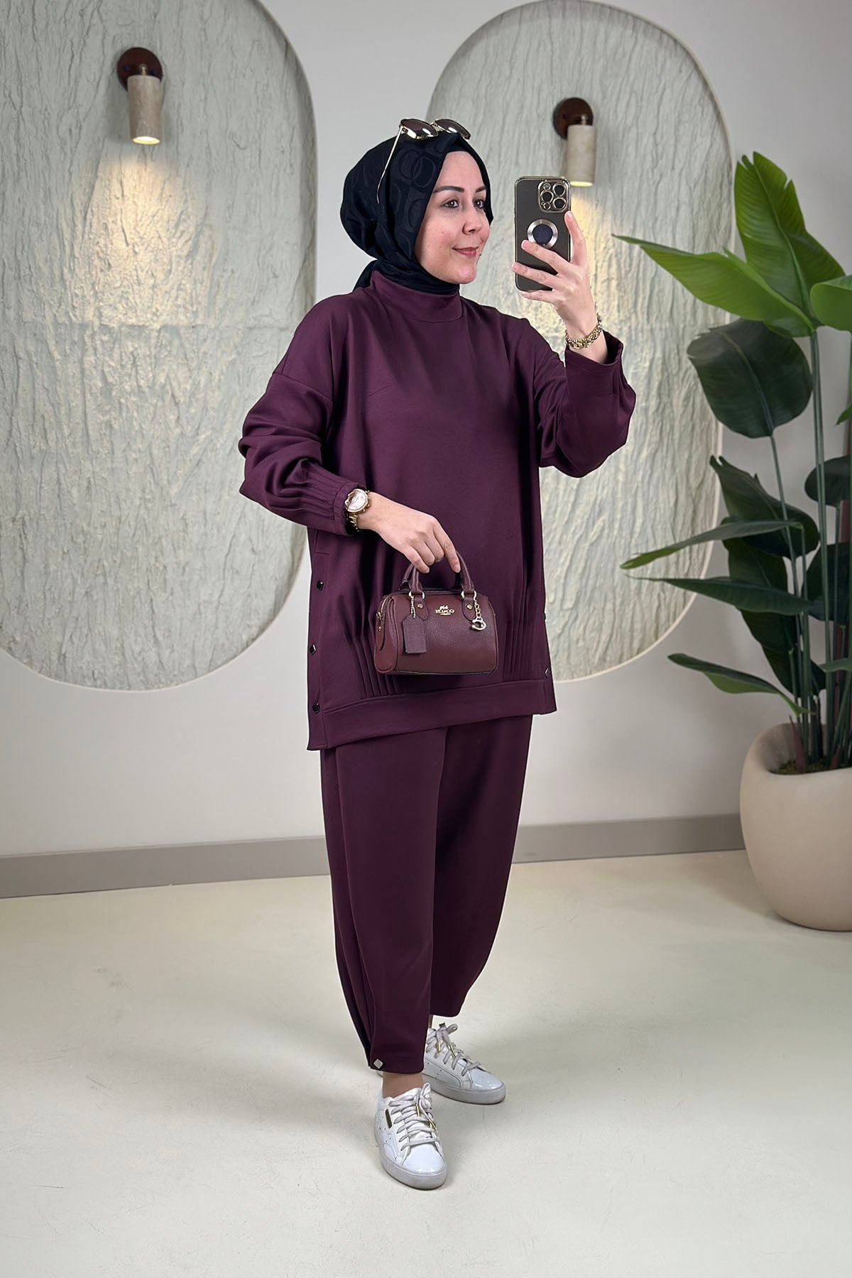 Tesettür İkili TakımModal Oysho Önü Pilise Detaylı Tunik ve Paça Düğmeli Pantolon Kadın İkili Takım Mürdüm NRV 24605