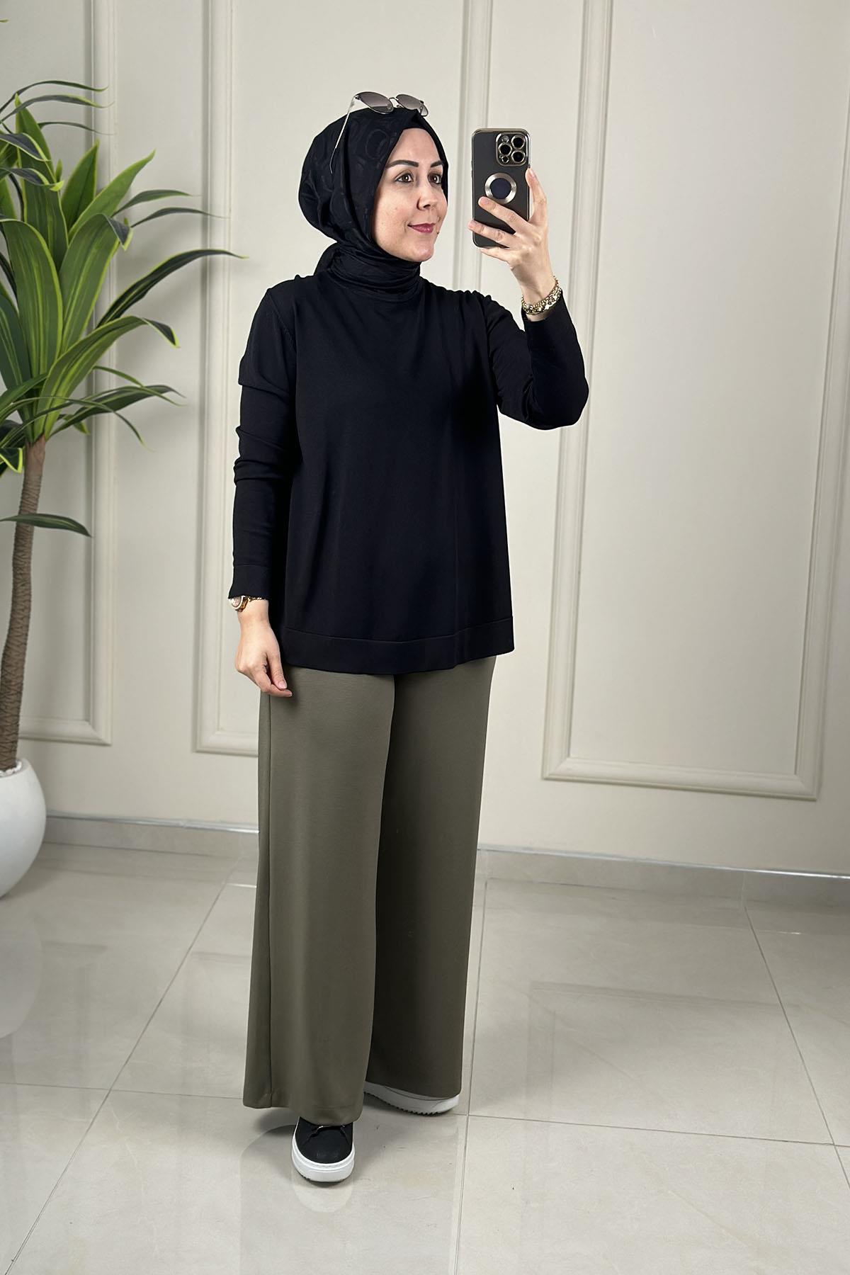 Tesettür PantolonBeli Lastikli Bol Paça Oysho Kadın Pantolon Haki MLH 8079