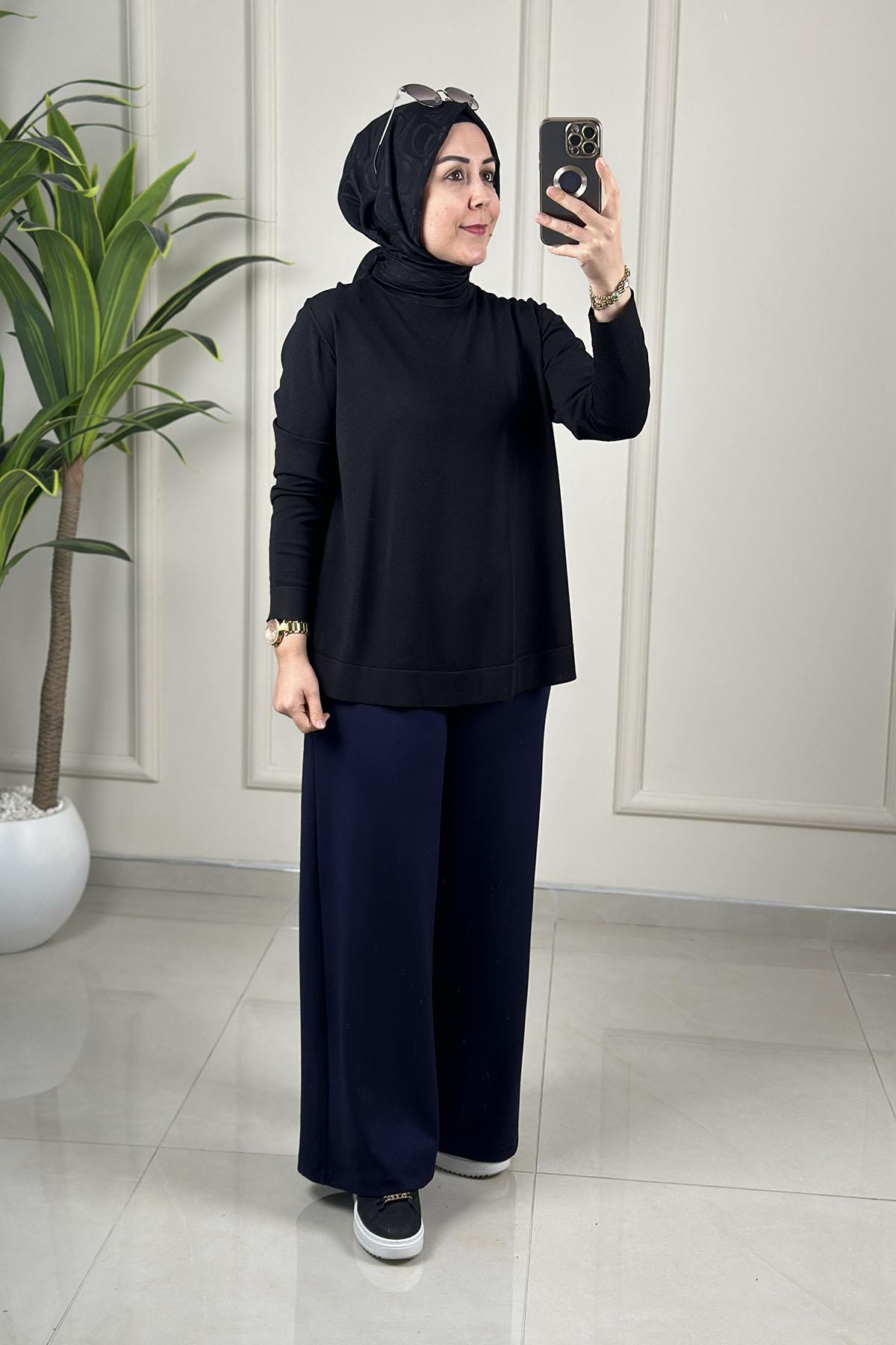 Tesettür PantolonBeli Lastikli Bol Paça Oysho Kadın Pantolon Lacivert MLH 8079