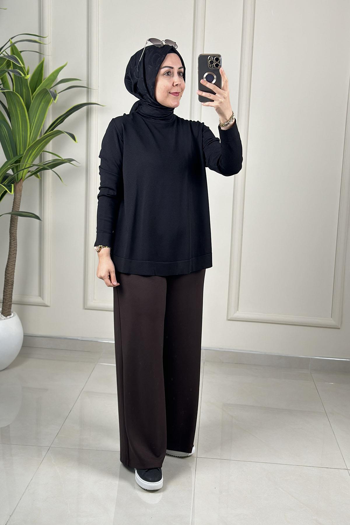 Tesettür PantolonBeli Lastikli Bol Paça Oysho Kadın Pantolon Kahverengi MLH 8079