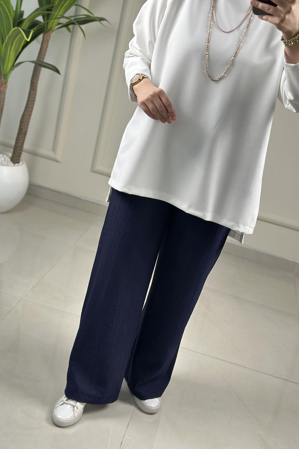 Tesettür PantolonÇilek Kumaş Beli Lastikli Bol Paça Kadın Pantolon Lacivert MLH 8043