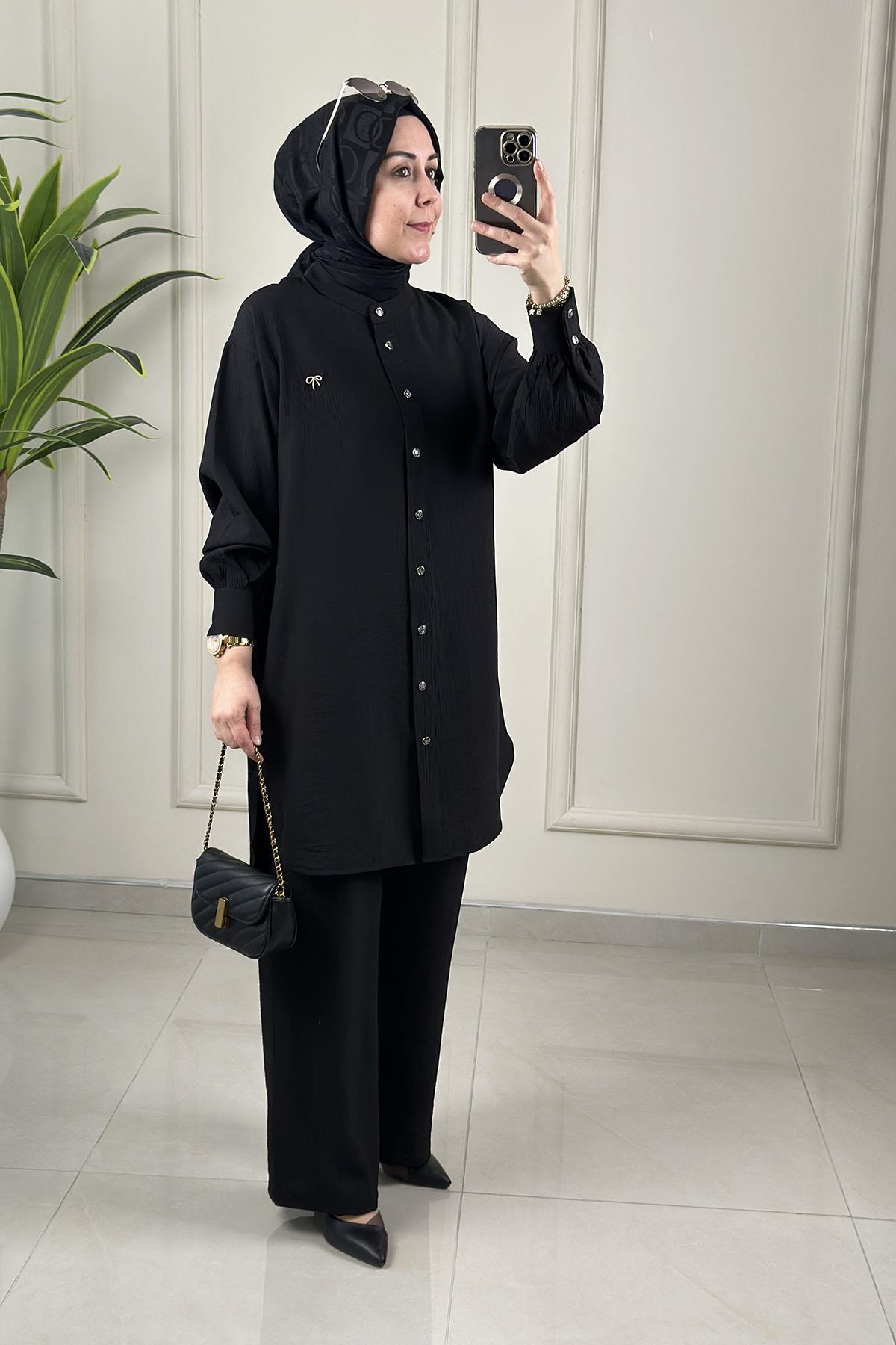 Tesettür Pantolonlu TakımDüşük Omuz Broşlu Tunik ve Pantolon Kadın İkili Takım Siyah KADO 262446