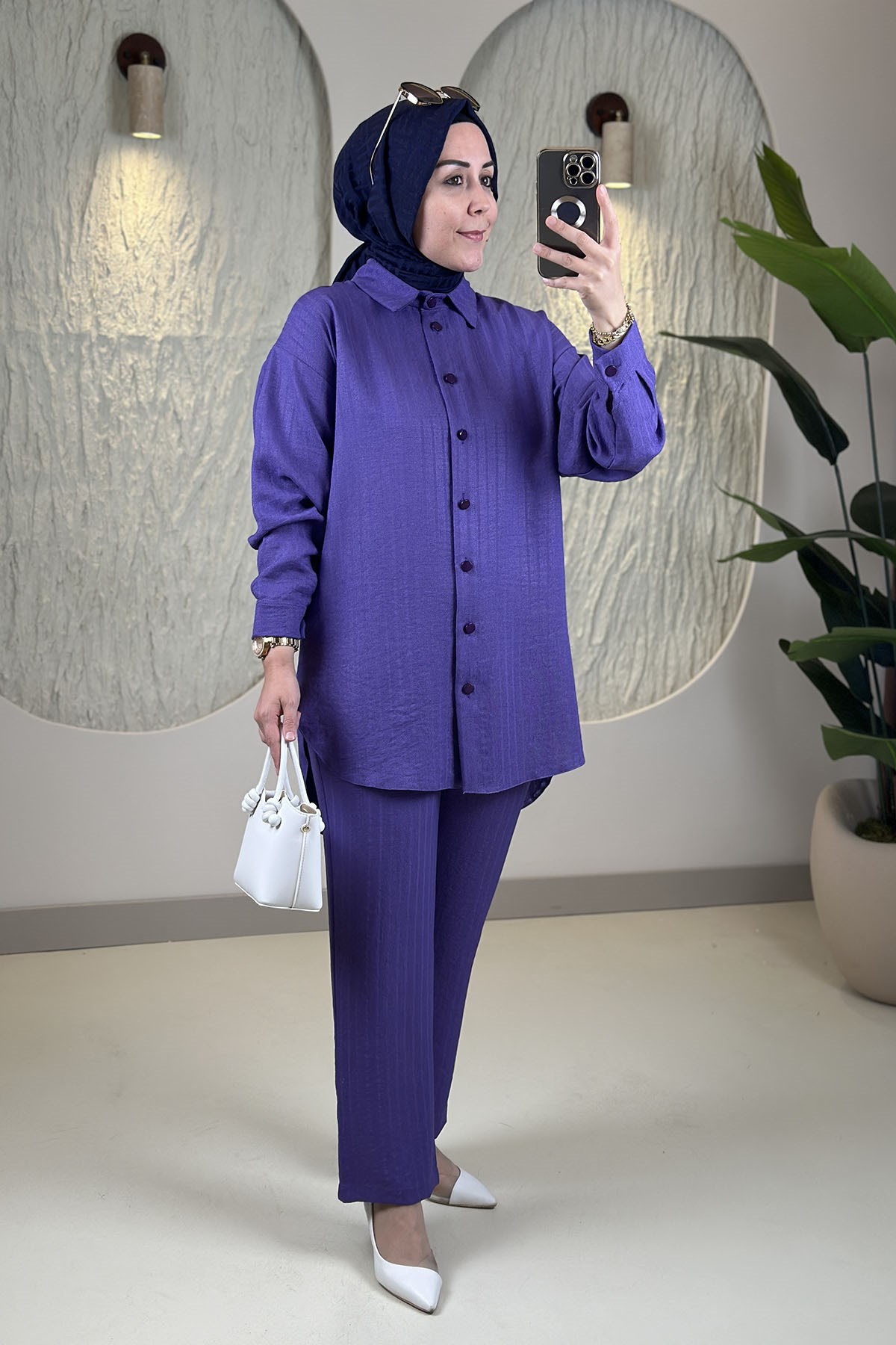 Tesettür Pantolonlu TakımDüşük Omuz Düğmeli Tunik ve Pantolon Kadın İkili Takım Mor GNR 259