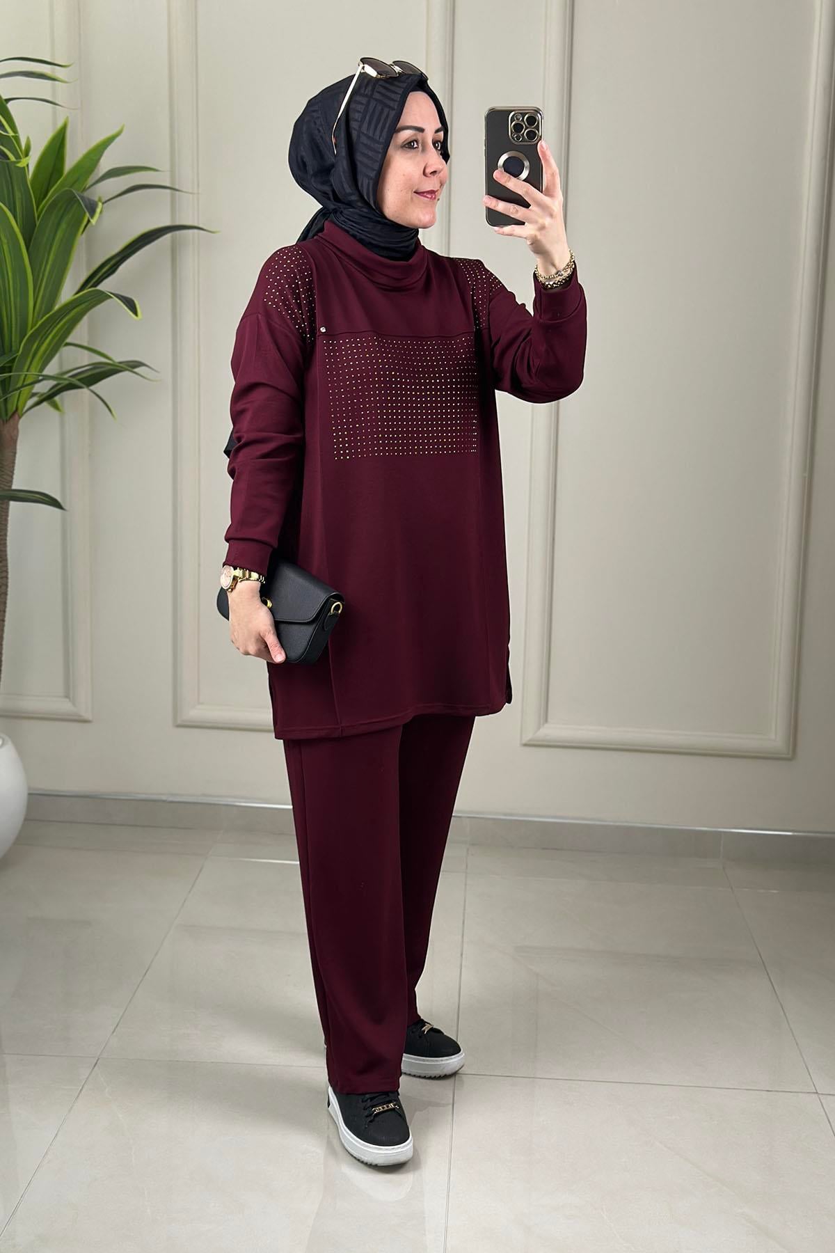 Tesettür Pantolonlu TakımDüşük Omuz Önü Taş Detaylı Tunik ve Pantolon Kadın İkili Takım Bordo GNR 246