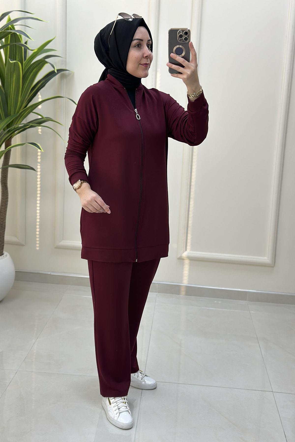 Tesettür Pantolonlu TakımDüşük Omuz Önü Fermuarlı Giyçık ve Pantolon Kadın İkili Takım Bordo KADO 257306