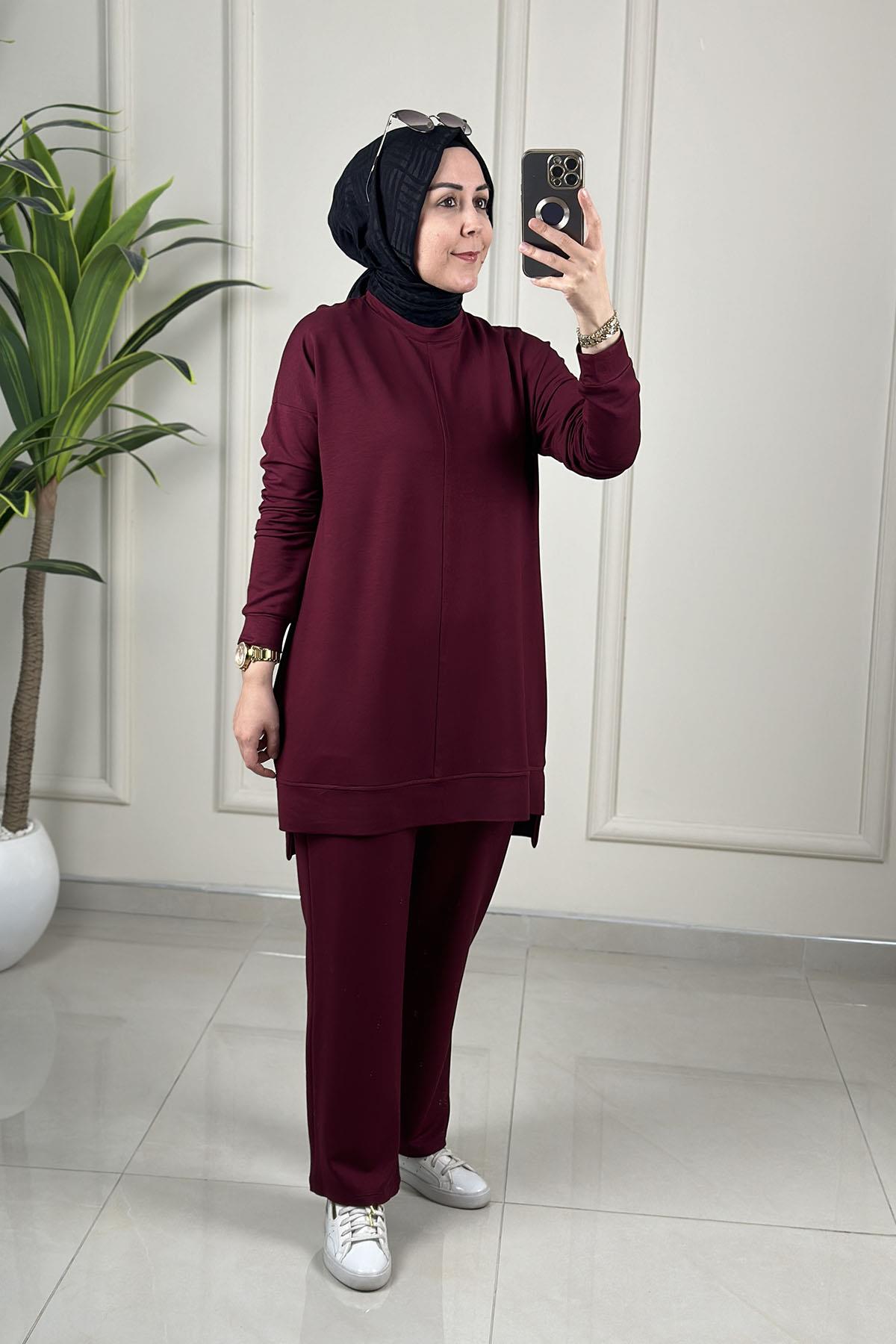 Tesettür Pantolonlu TakımDüşük Omuz Önü Dikiş Detaylı Tunik ve Pantolon Kadın İkili Takım Bordo KADO 257316