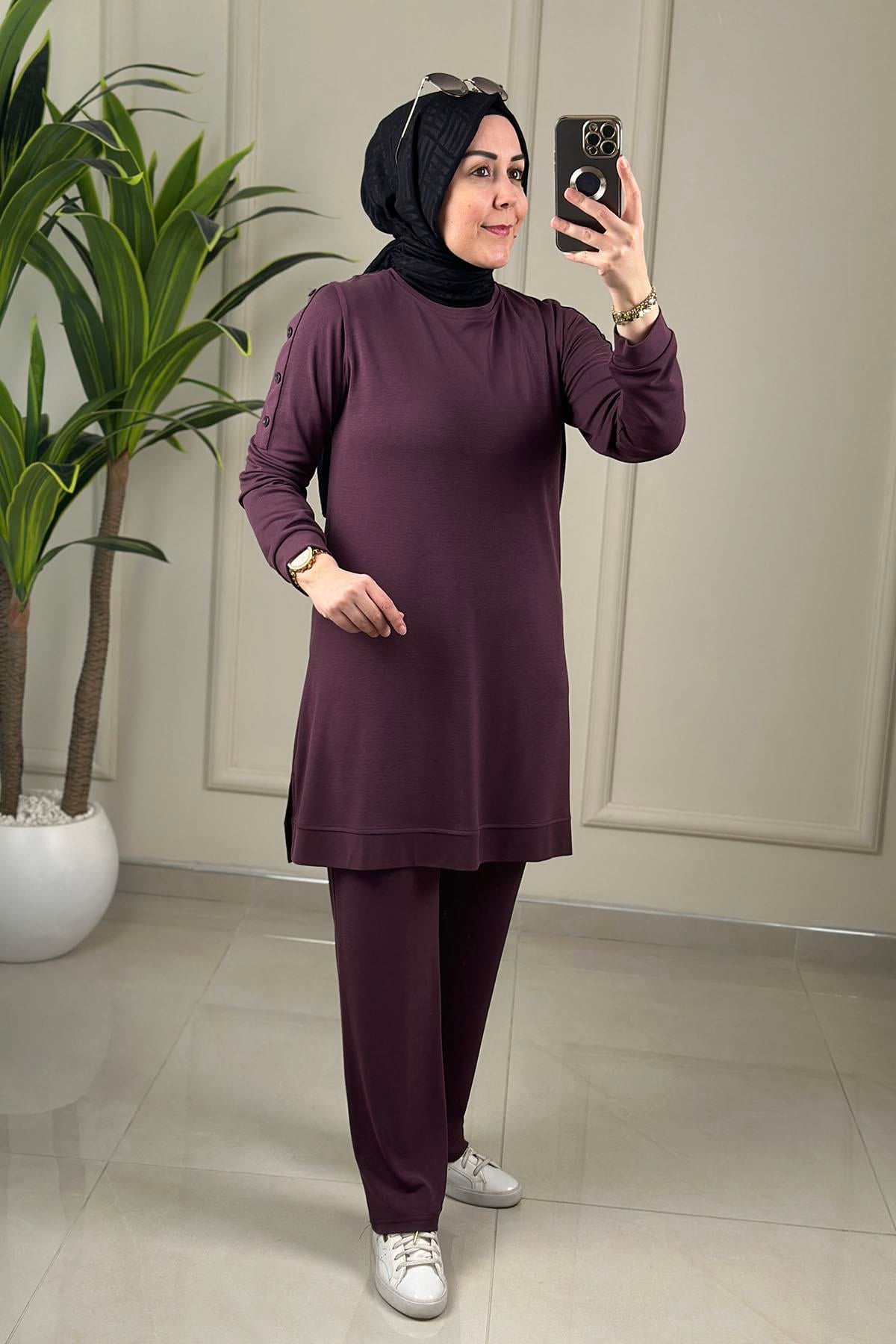 Tesettür Pantolonlu TakımKol Düğme Detaylı Tunik ve Pantolon Kadın İkili Takım Mürdüm MP 2668