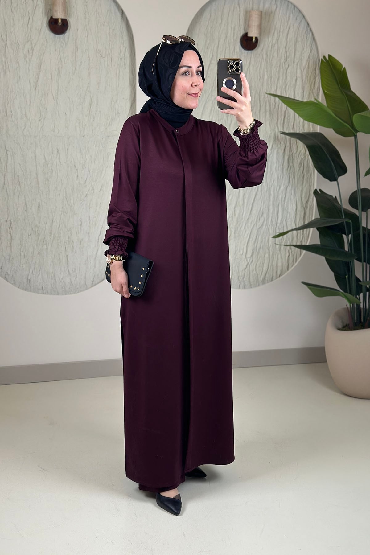 Tesettür Pantolonlu TakımKolu Büzgülü Uzun Tunik ve Bol Paça Pantolon Kadın İkili Takım Bordo KADO 268252