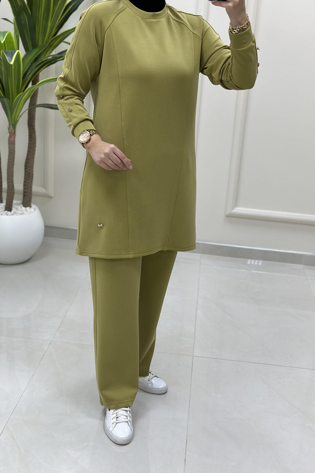 Tesettür Pantolonlu TakımModal Oysho Kol Düğme Detaylı Tunik ve Pantolon Kadın İkili Takım Yağ Yeşili KADO 257806