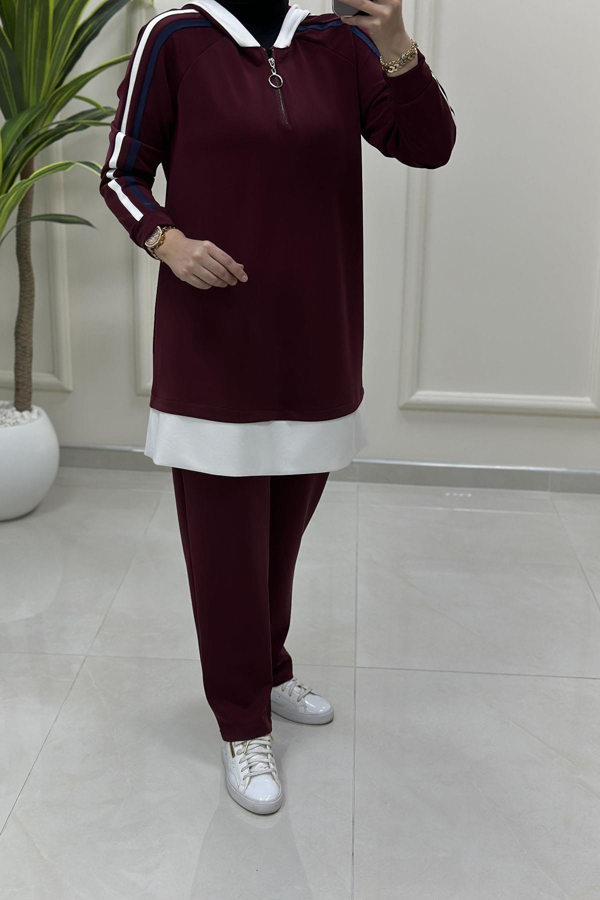 Tesettür Pantolonlu TakımModal Oysho Kol Şerit Detaylı Tunik ve Pantolon Kadın İkili Takım Bordo KADO 257949