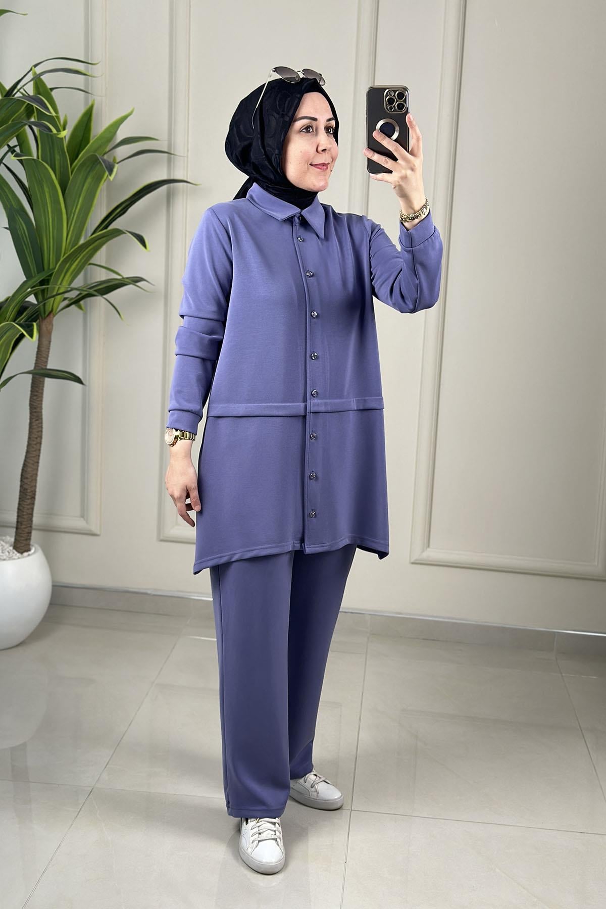 Tesettür Pantolonlu TakımModal Oysho Önü Düğmeli Tunik ve Pantolon Kadın İkili Takım Mor KADO 257878