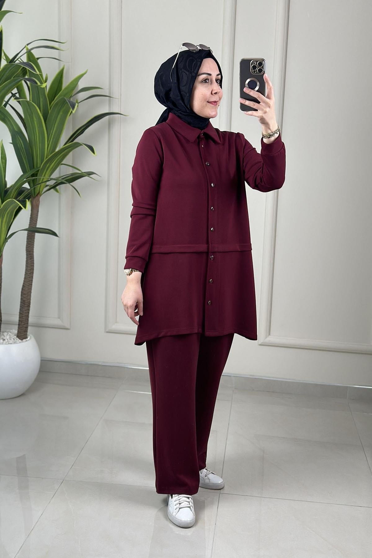 Tesettür Pantolonlu TakımModal Oysho Önü Düğmeli Tunik ve Pantolon Kadın İkili Takım Bordo KADO 257878