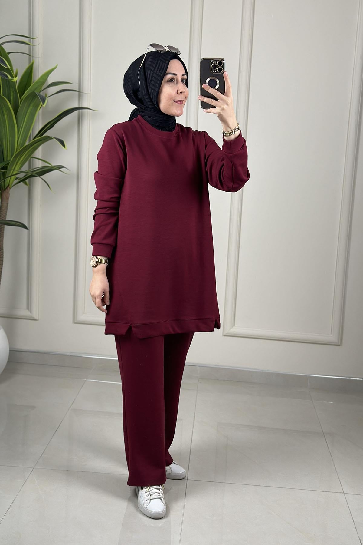 Tesettür Pantolonlu TakımModal Oysho Ön Dikiş Detaylı Tunik ve Pantolon Kadın İkili Takım Bordo KADO 257331