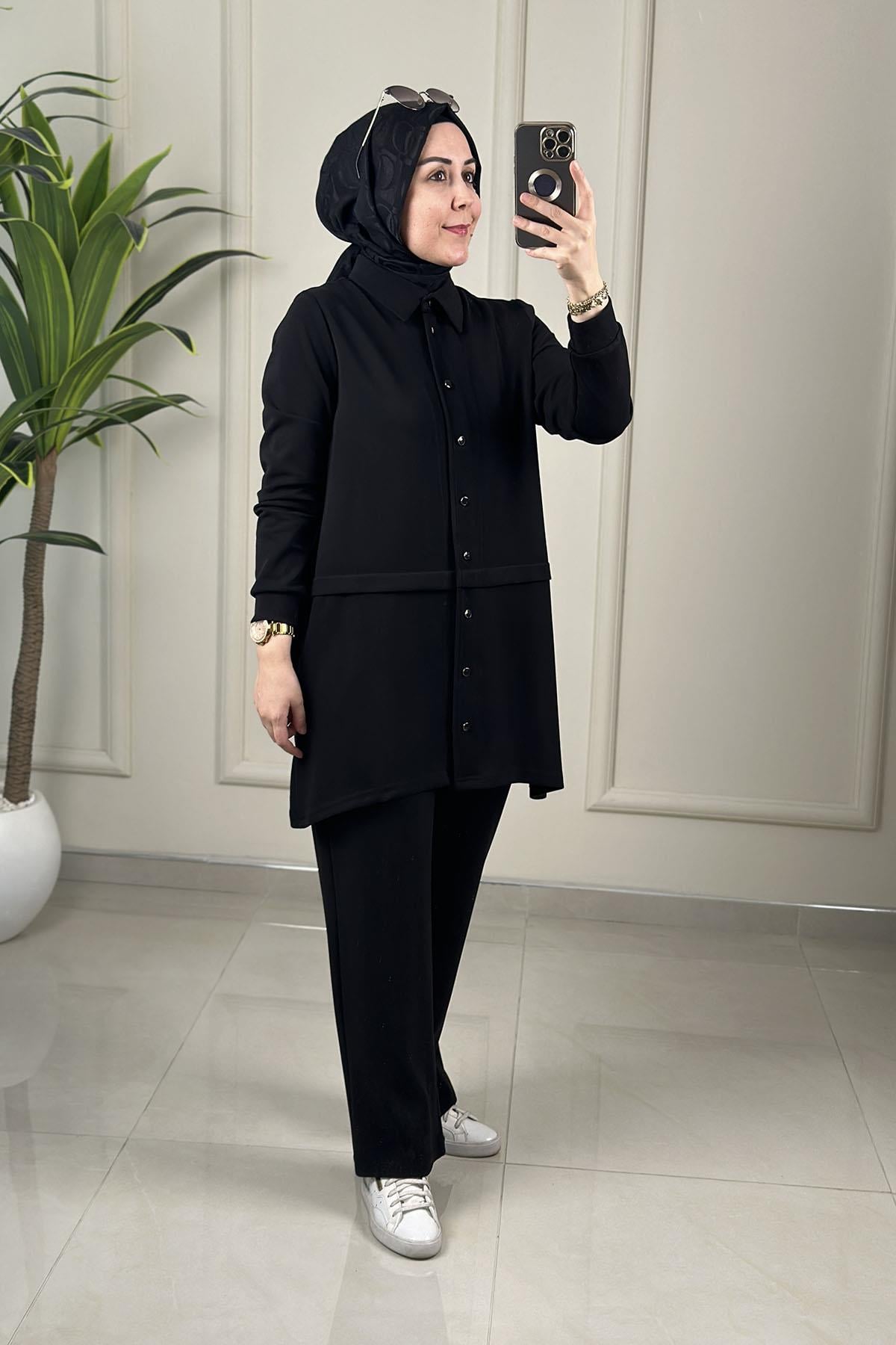 Tesettür Pantolonlu TakımModal Oysho Önü Düğmeli Tunik ve Pantolon Kadın İkili Takım Siyah KADO 257878