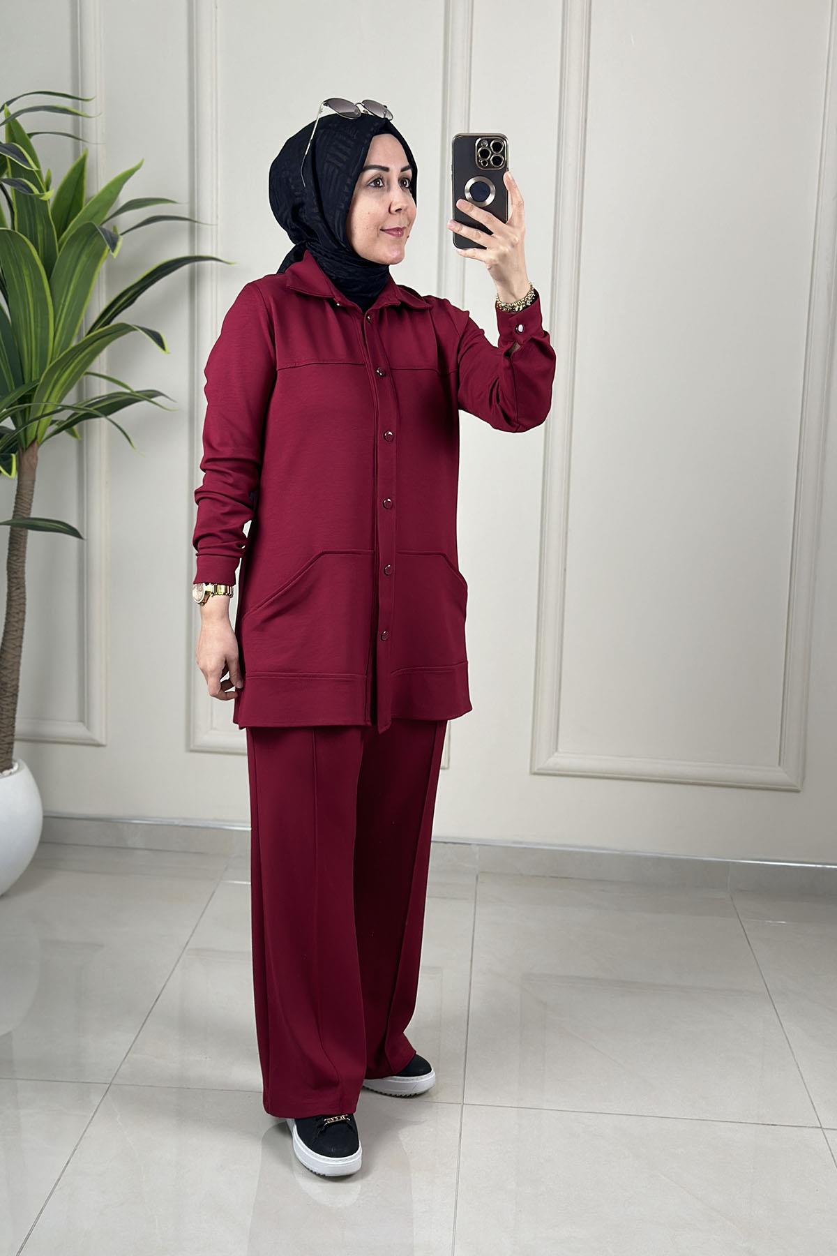 Tesettür Pantolonlu TakımModal Sırt Yaprak Nakış Detaylı Tunik ve Pantolon Kadın İkili Takım Koyu Kırmızı HYA 1622